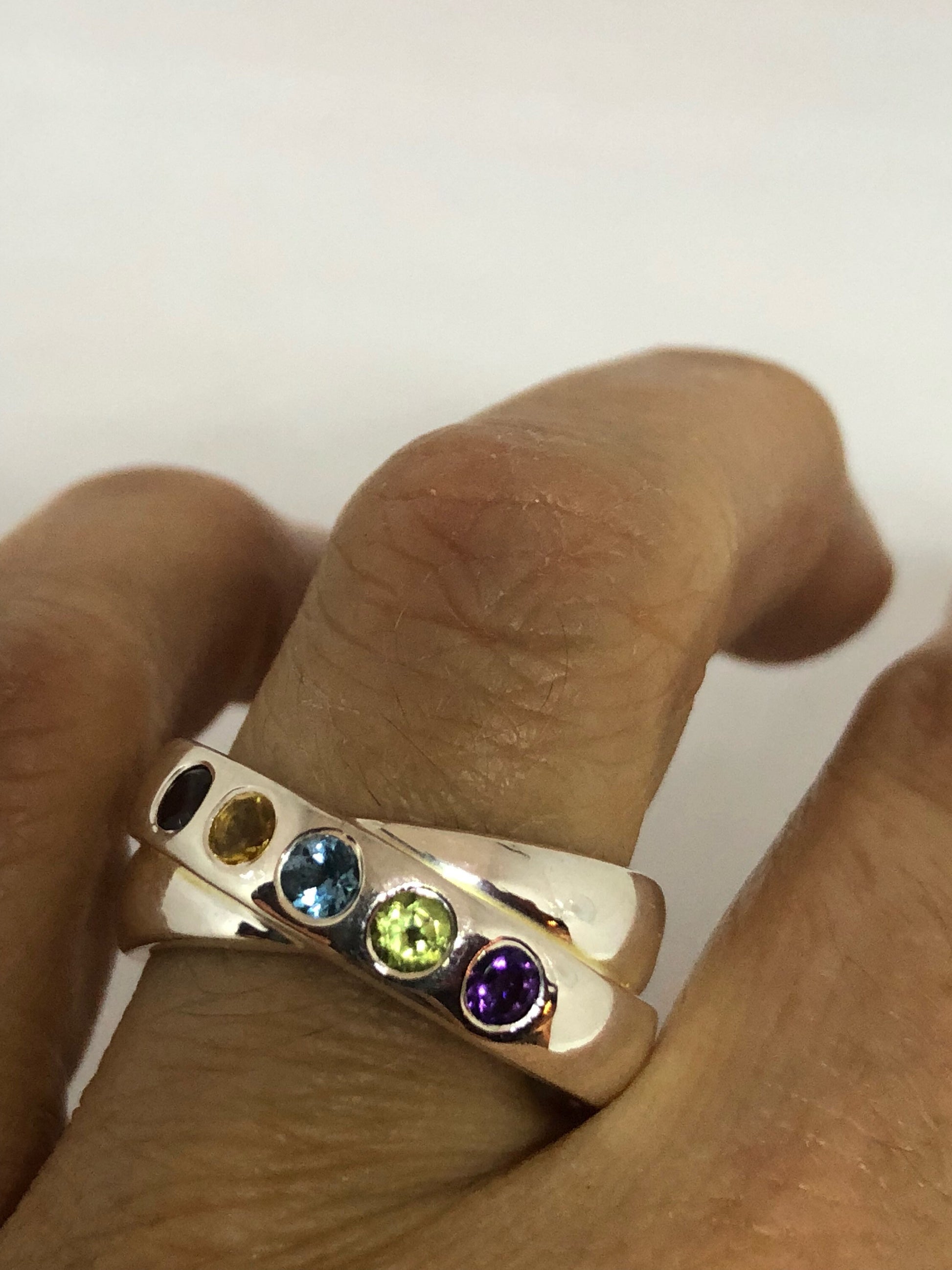 Vintage Mixed Genuine Gemstones 925 Sterling Silver Band Ring