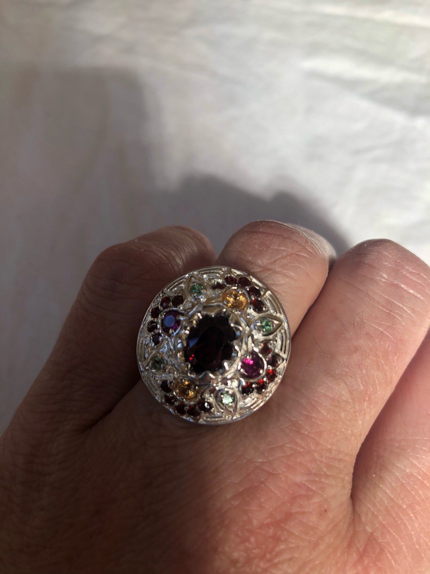 Vintage Mixed Genuine Gemstones 925 Sterling Silver Band Ring