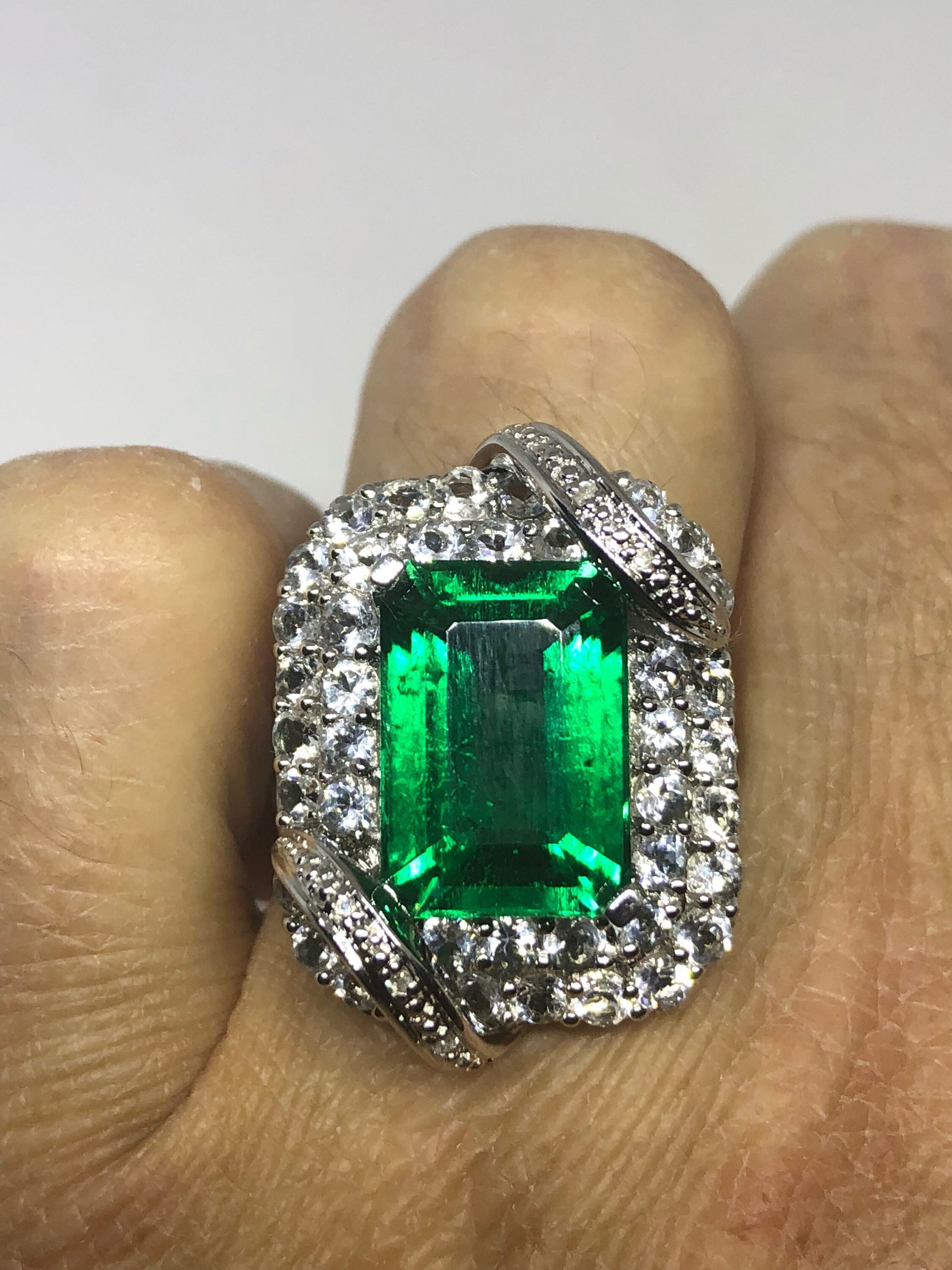 Vintage Handmade Genuine Green Flourite and White Sapphire 925 Sterling Silver Deco Ring