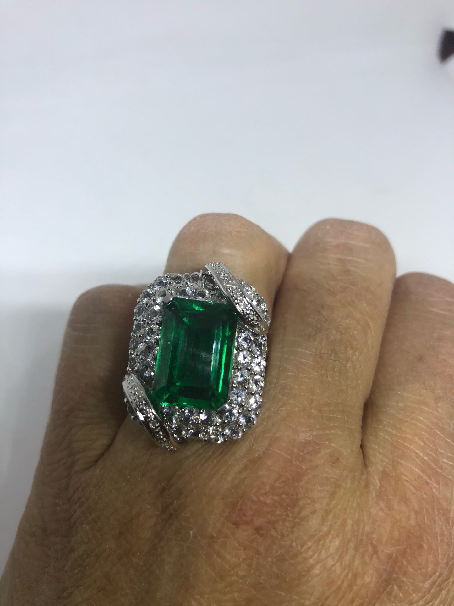 Vintage Handmade Genuine Green Flourite and White Sapphire 925 Sterling Silver Deco Ring