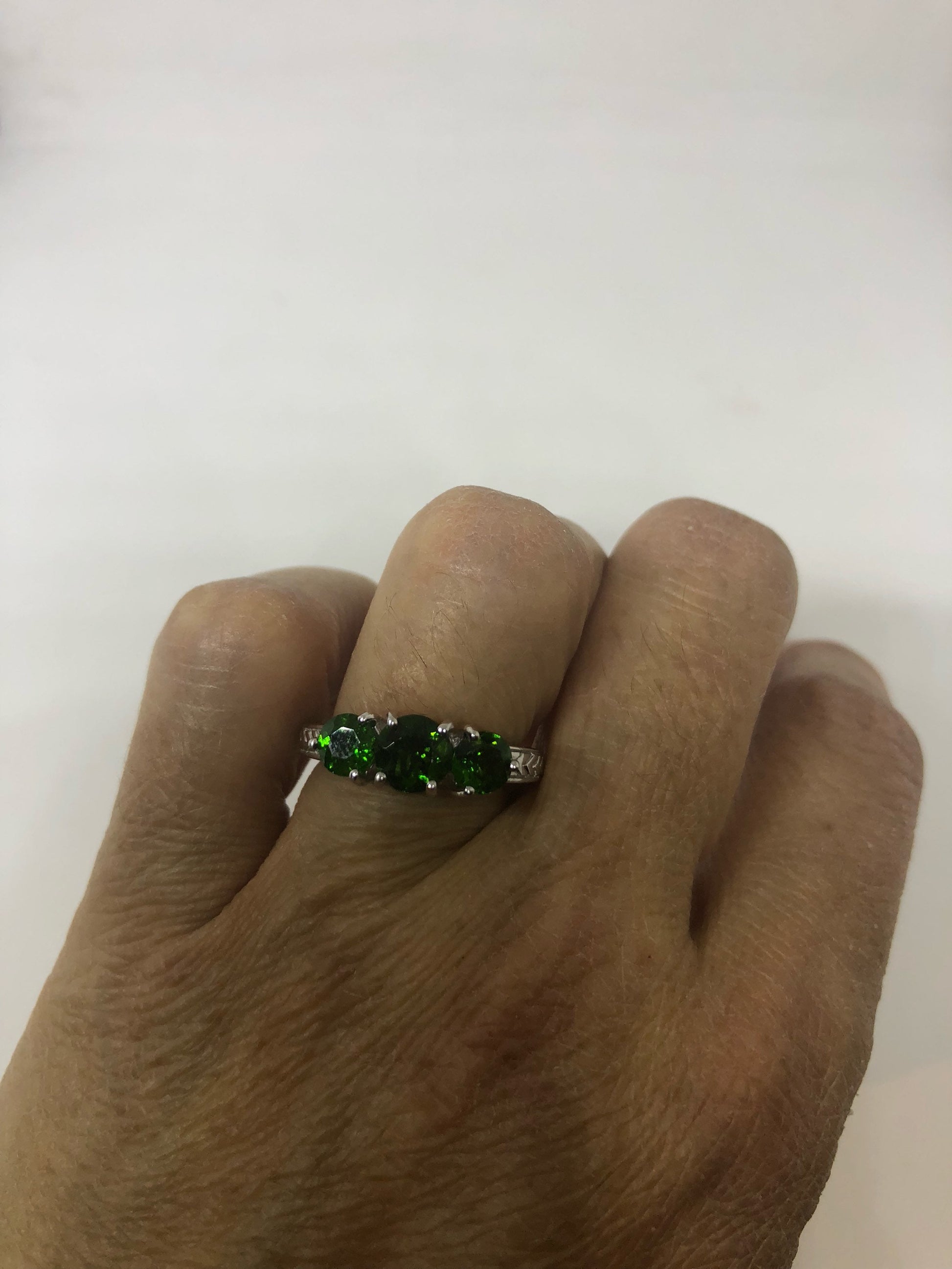 Vintage Handmade Green Chrome Diopside Filigree Setting Sterling Silver Gothic Ring