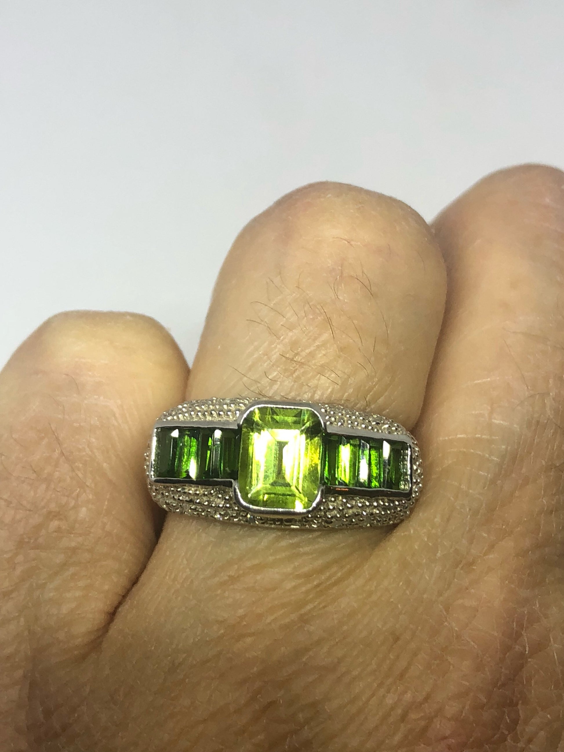 Vintage Handmade green Chrome Diopside and Peridot Filigree setting Sterling Silver Gothic Ring