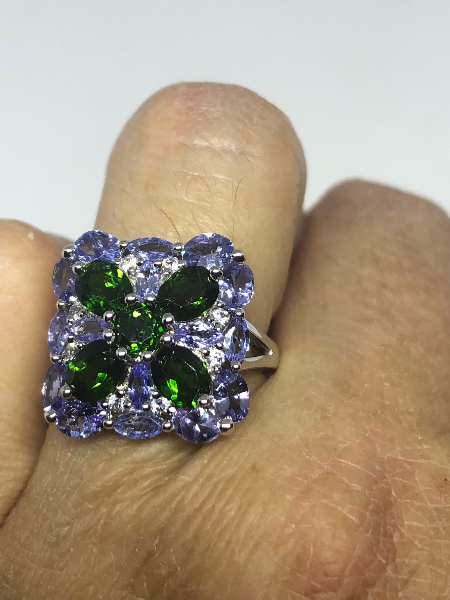 Vintage Handmade Green Chrome Diopside and Tanzanite Filigree Setting Sterling Silver Gothic Ring