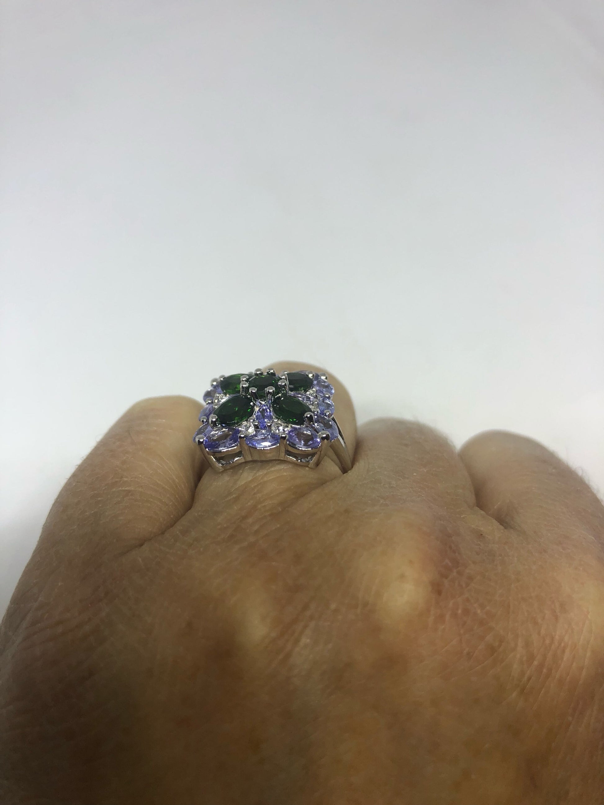 Vintage Handmade Green Chrome Diopside and Tanzanite Filigree Setting Sterling Silver Gothic Ring