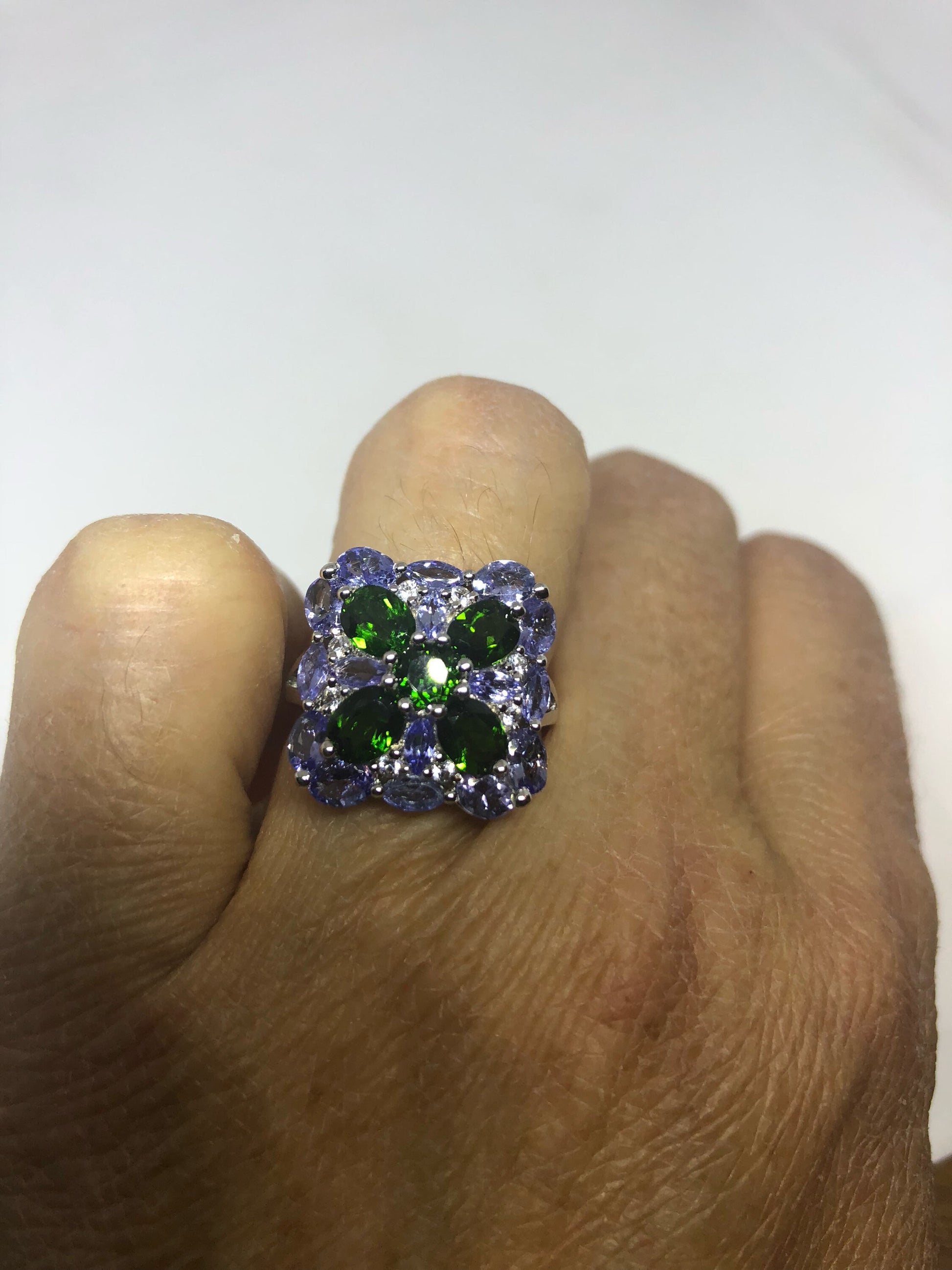 Vintage Handmade Green Chrome Diopside and Tanzanite Filigree Setting Sterling Silver Gothic Ring