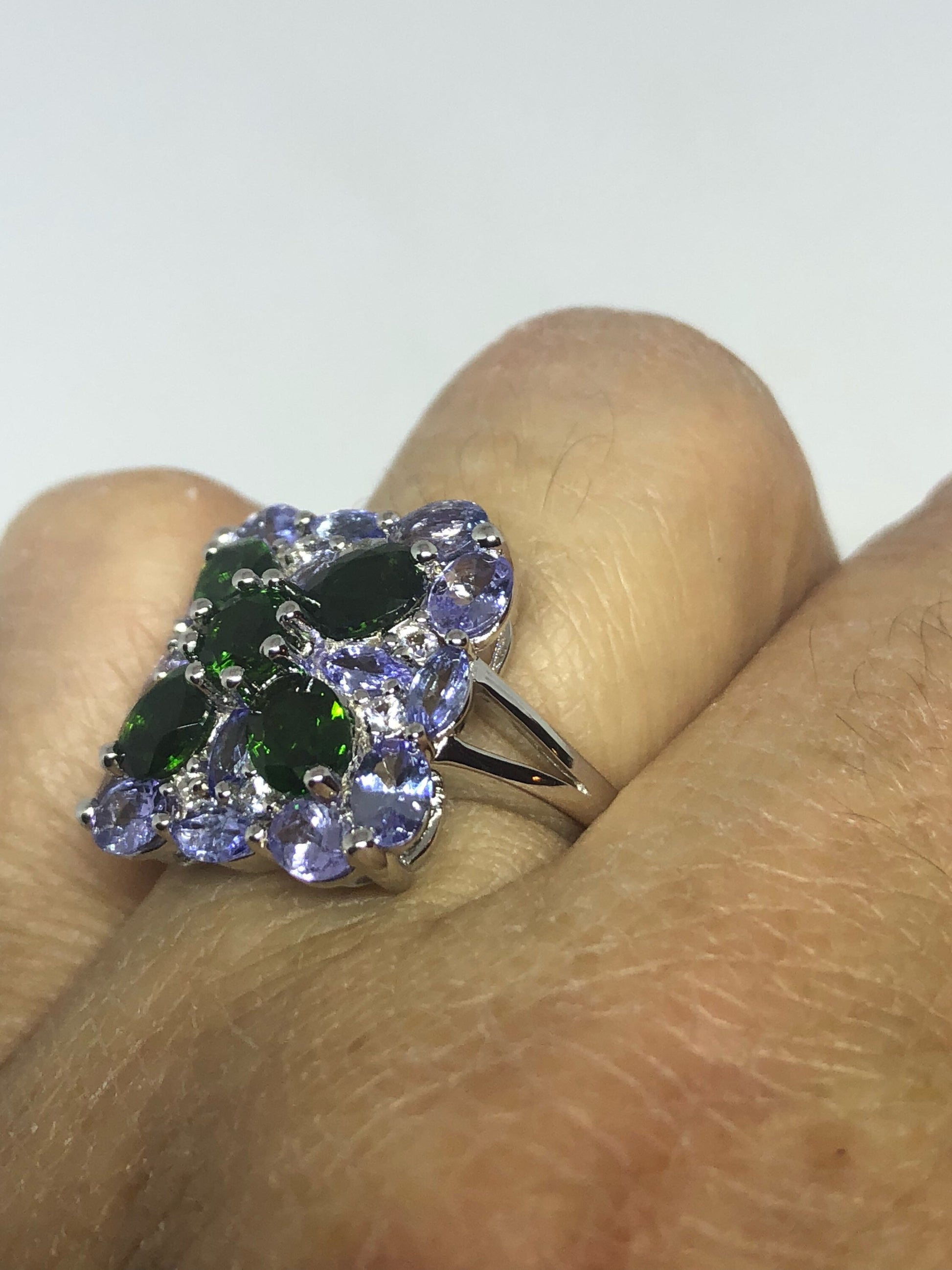 Vintage Handmade Green Chrome Diopside and Tanzanite Filigree Setting Sterling Silver Gothic Ring