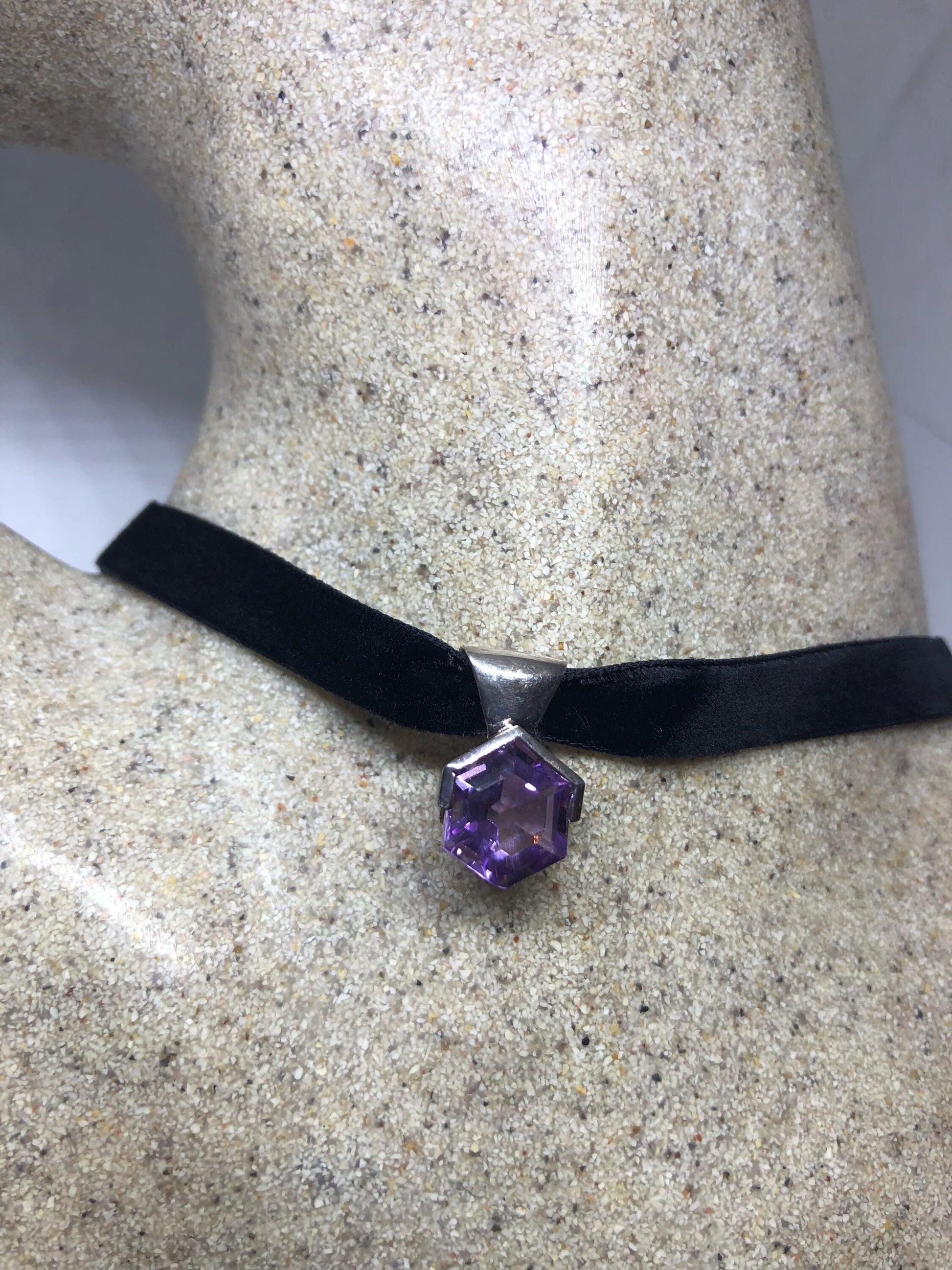 Vintage Purple Amethyst Choker 925 Sterling Silver Pendant Necklace