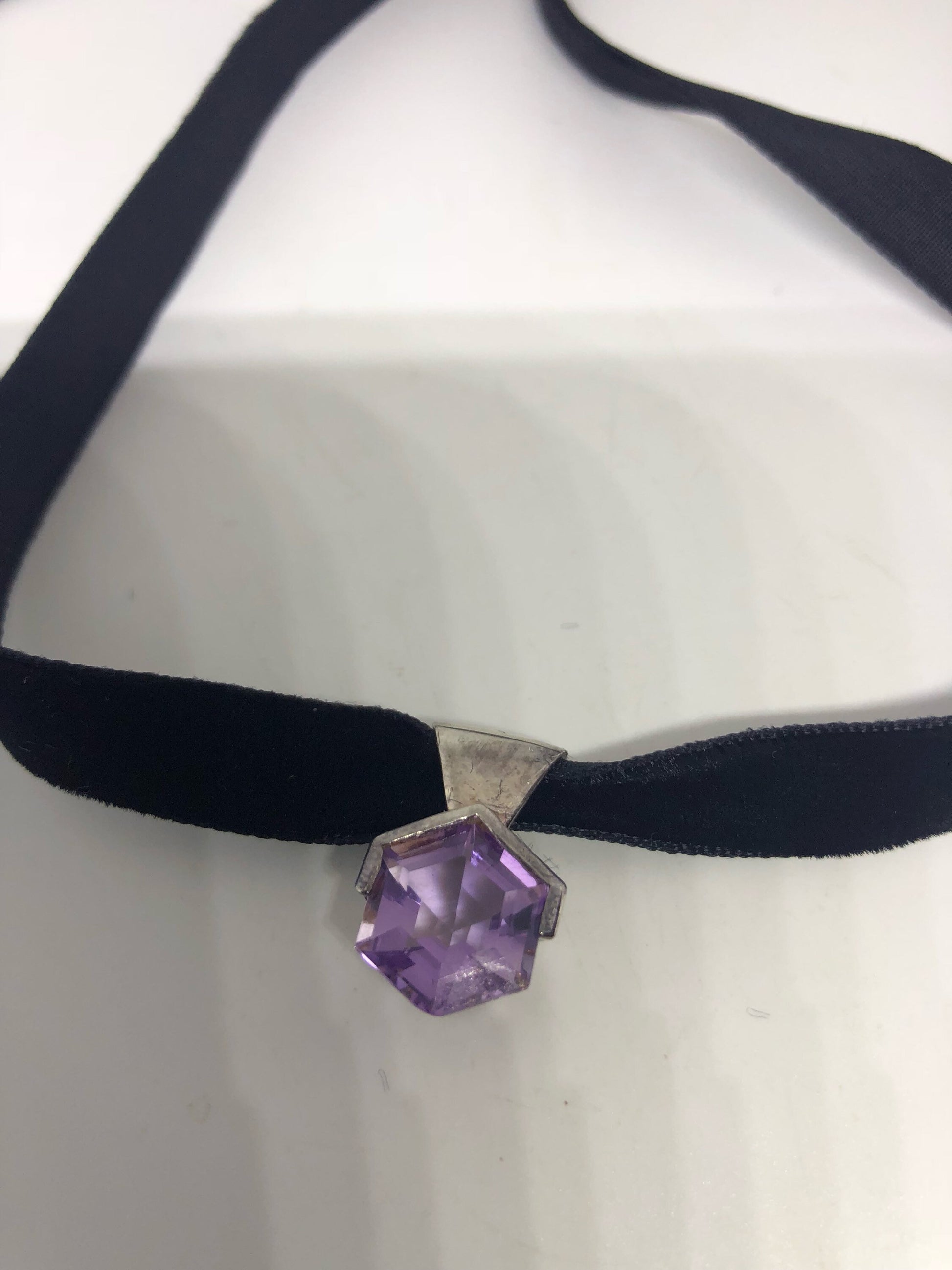 Vintage Purple Amethyst Choker 925 Sterling Silver Pendant Necklace