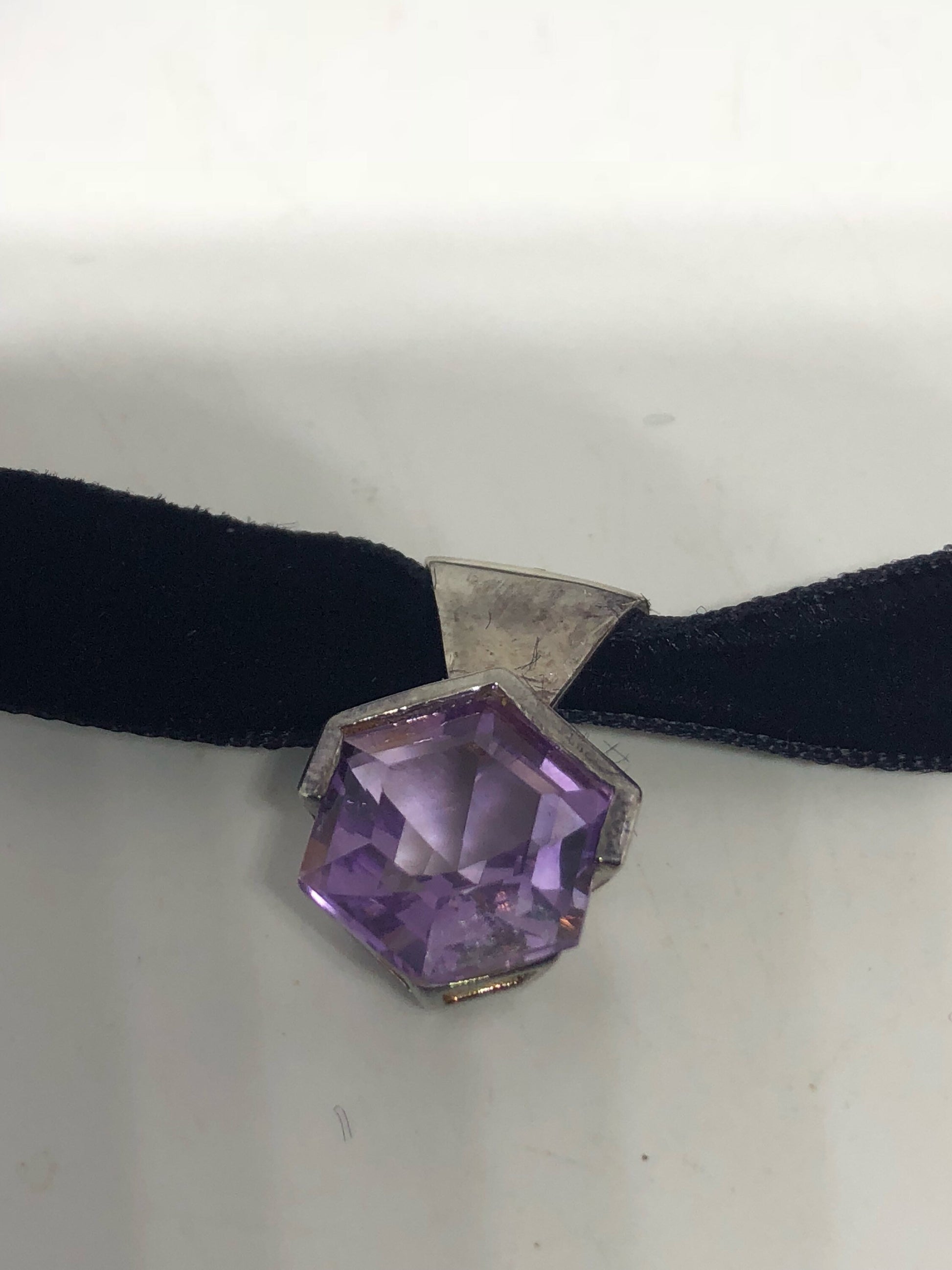 Vintage Purple Amethyst Choker 925 Sterling Silver Pendant Necklace