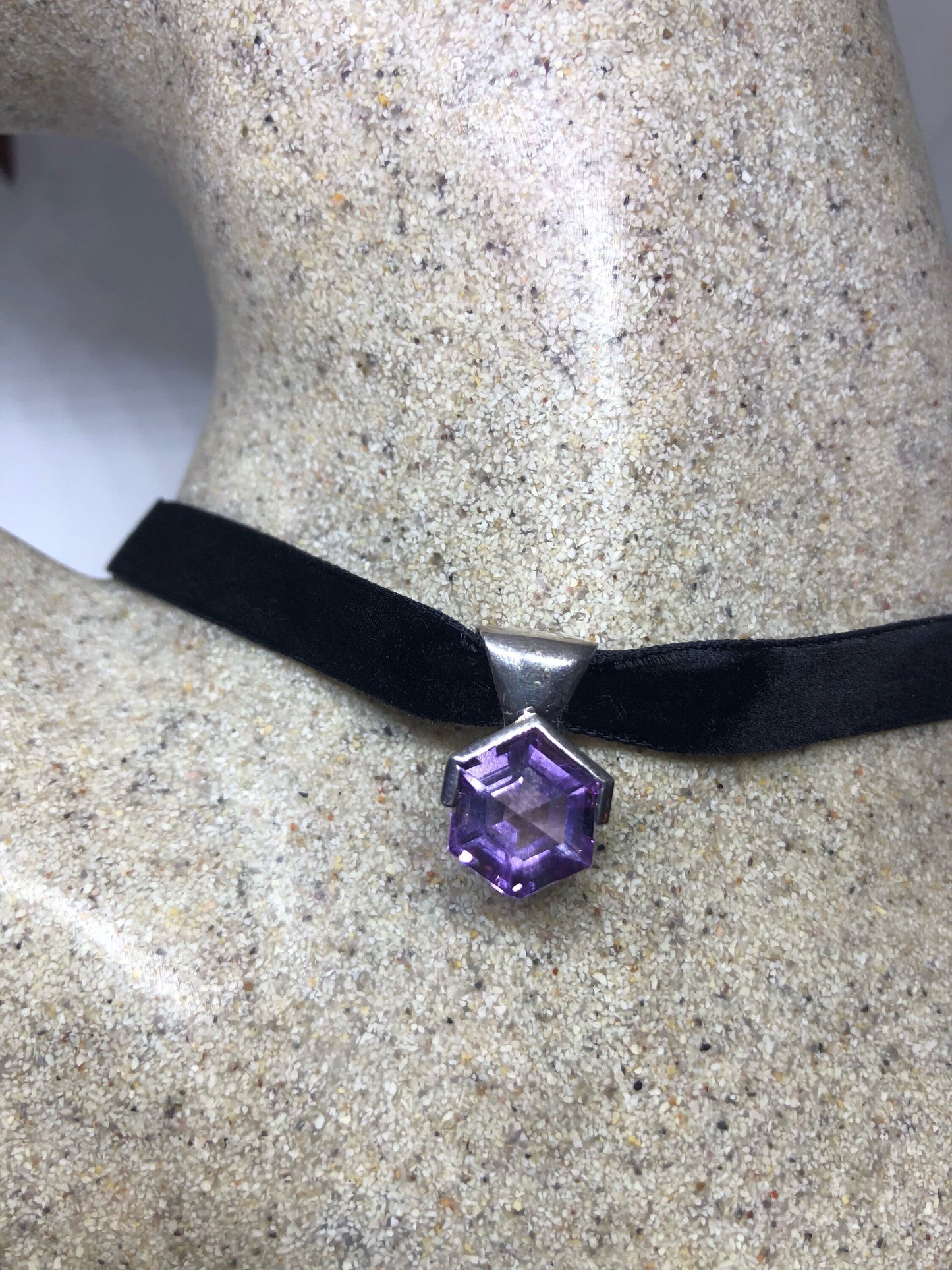 Vintage Purple Amethyst Choker 925 Sterling Silver Pendant Necklace