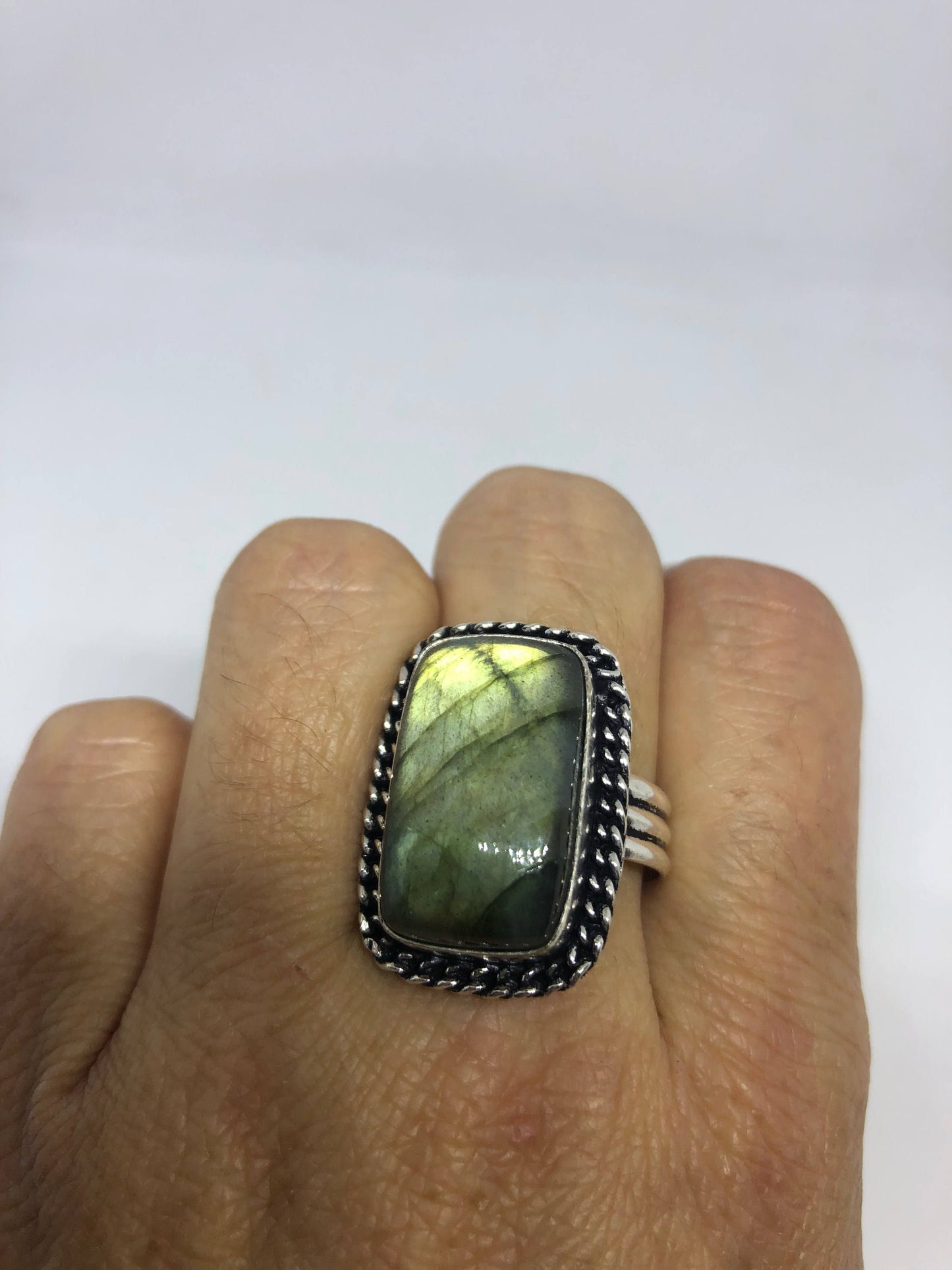 Vintage Large Blue Green Labradorite Stone Silver Ring