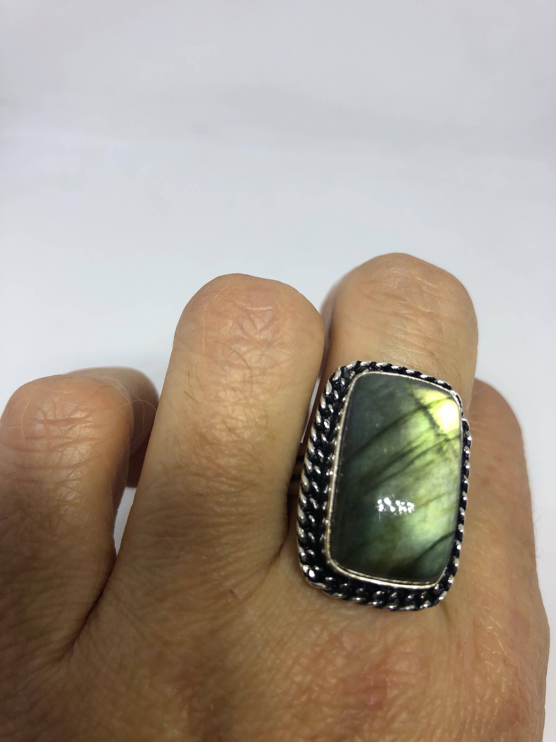 Vintage Large Blue Green Labradorite Stone Silver Ring