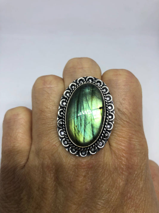 Vintage Large Blue Green Labradorite Stone Silver Ring