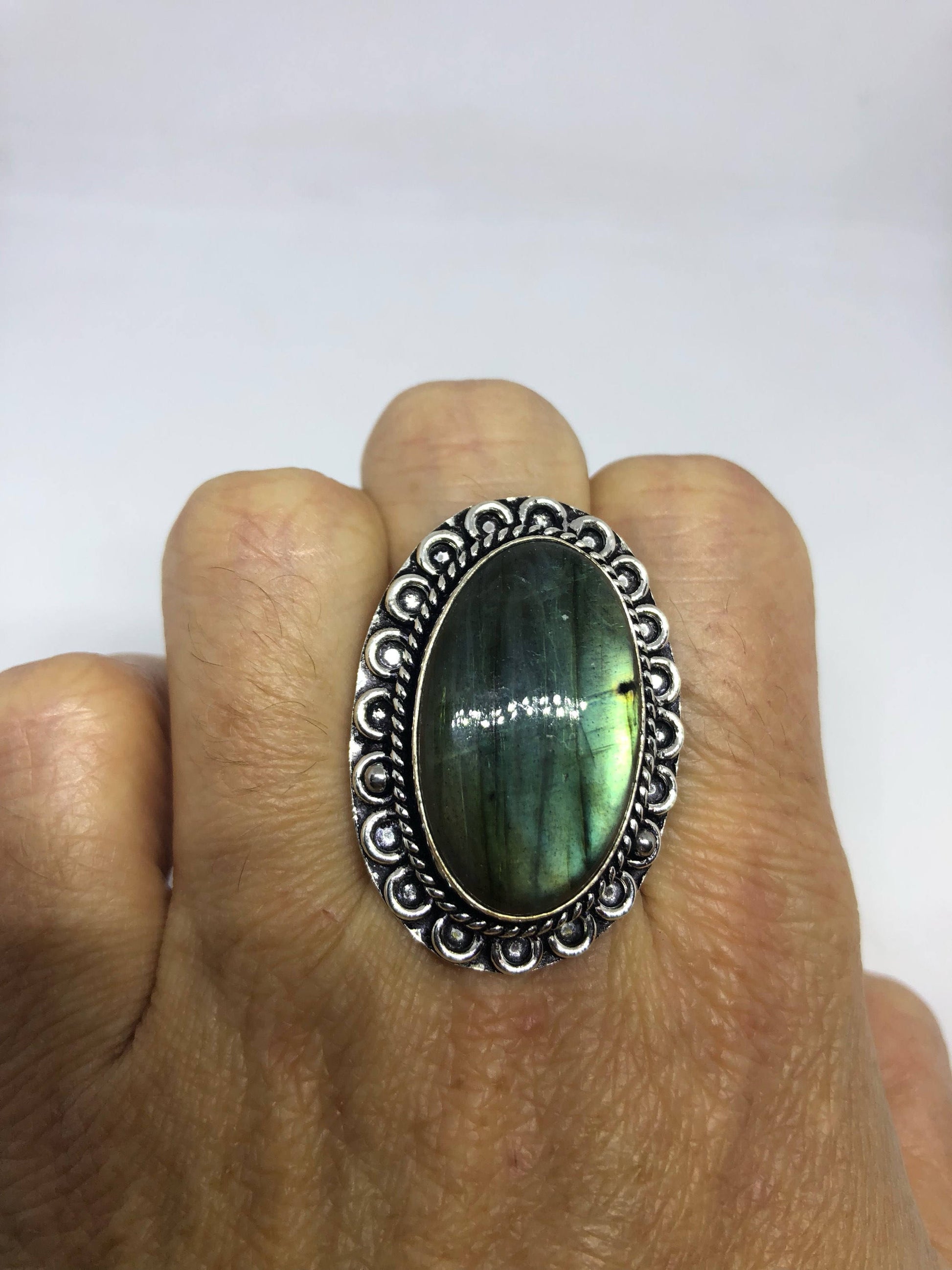 Vintage Large Blue Green Labradorite Stone Silver Ring