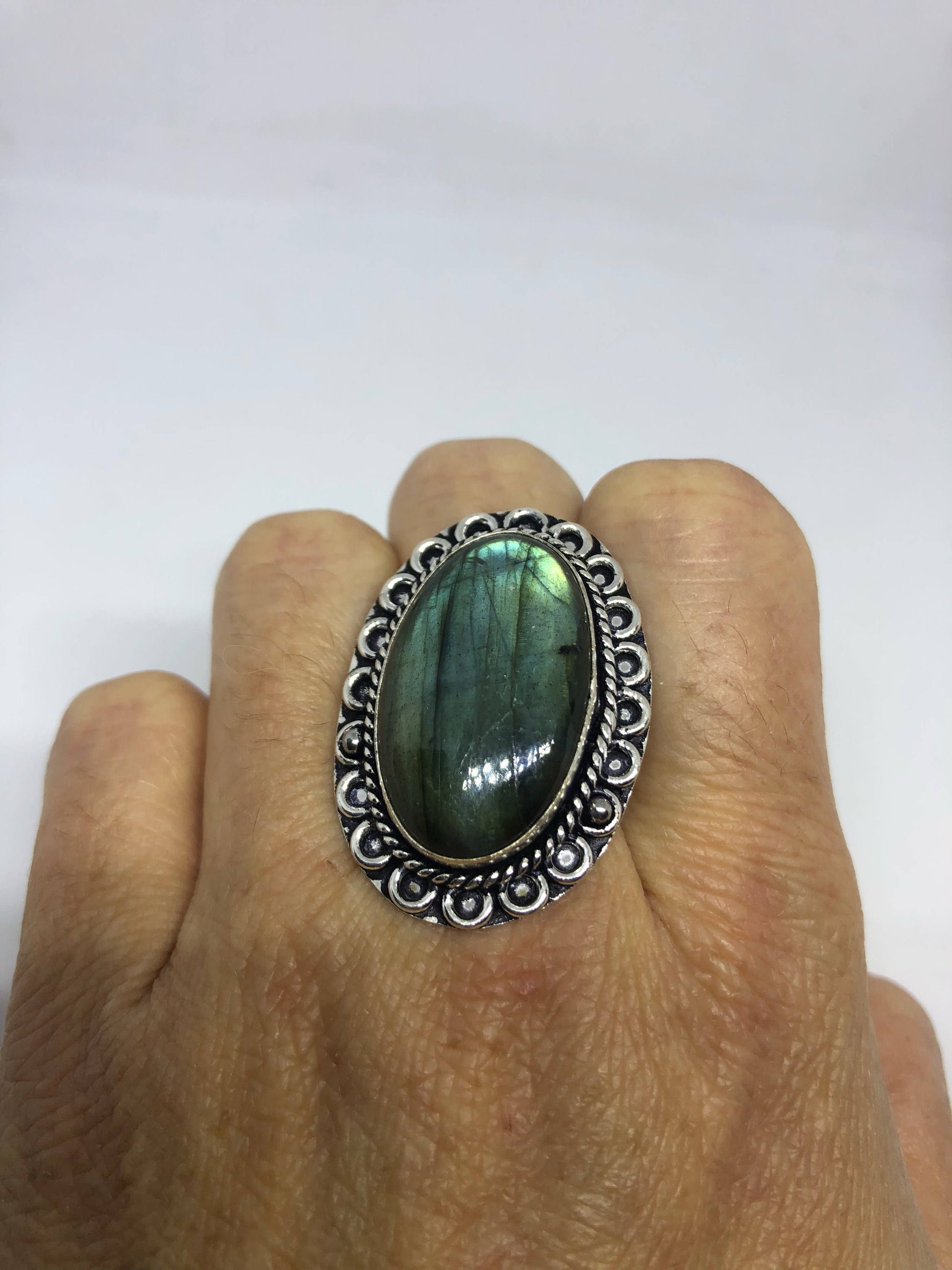 Vintage Large Blue Green Labradorite Stone Silver Ring