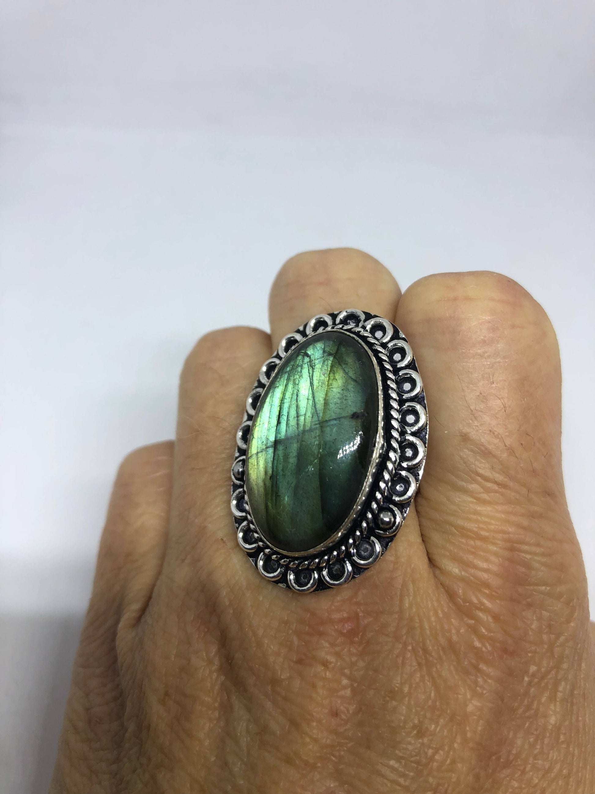 Vintage Large Blue Green Labradorite Stone Silver Ring