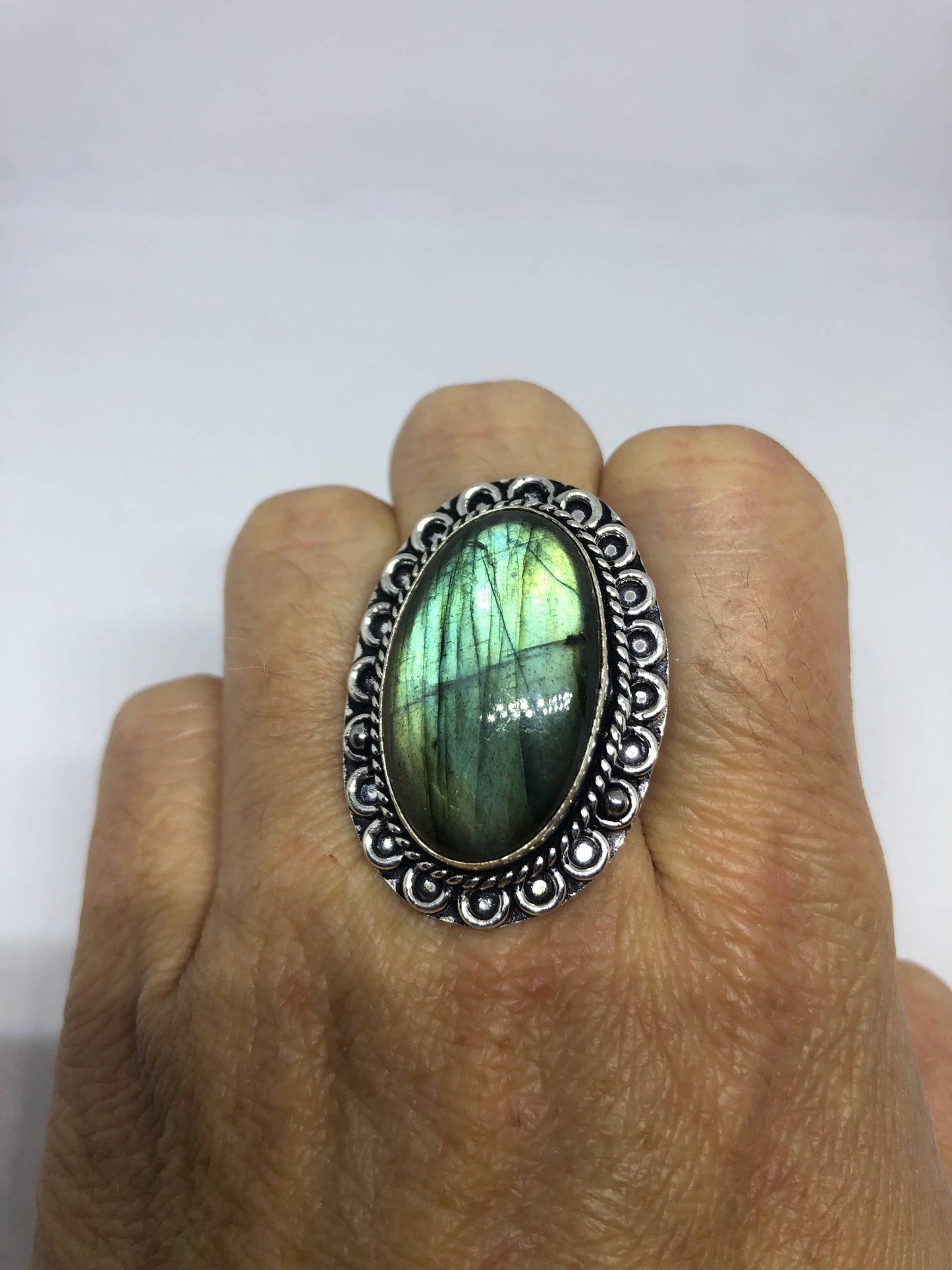 Vintage Large Blue Green Labradorite Stone Silver Ring