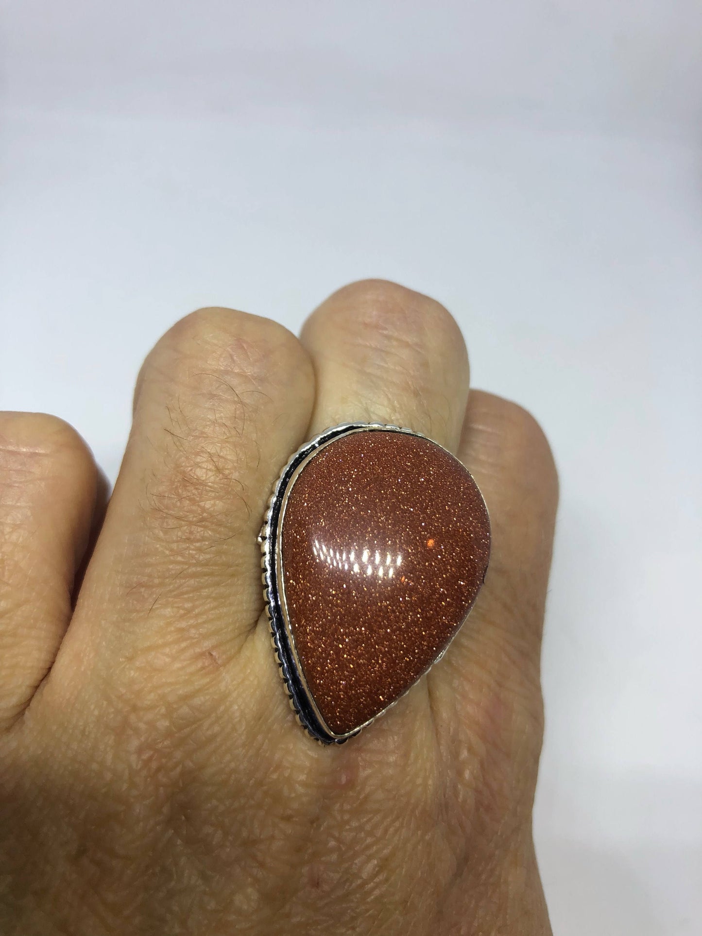 Vintage Handmade Deep Gold Sandstone Setting Silver Ring