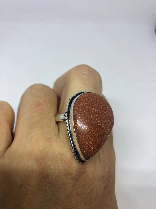 Vintage Handmade Deep Gold Sandstone Setting Silver Ring