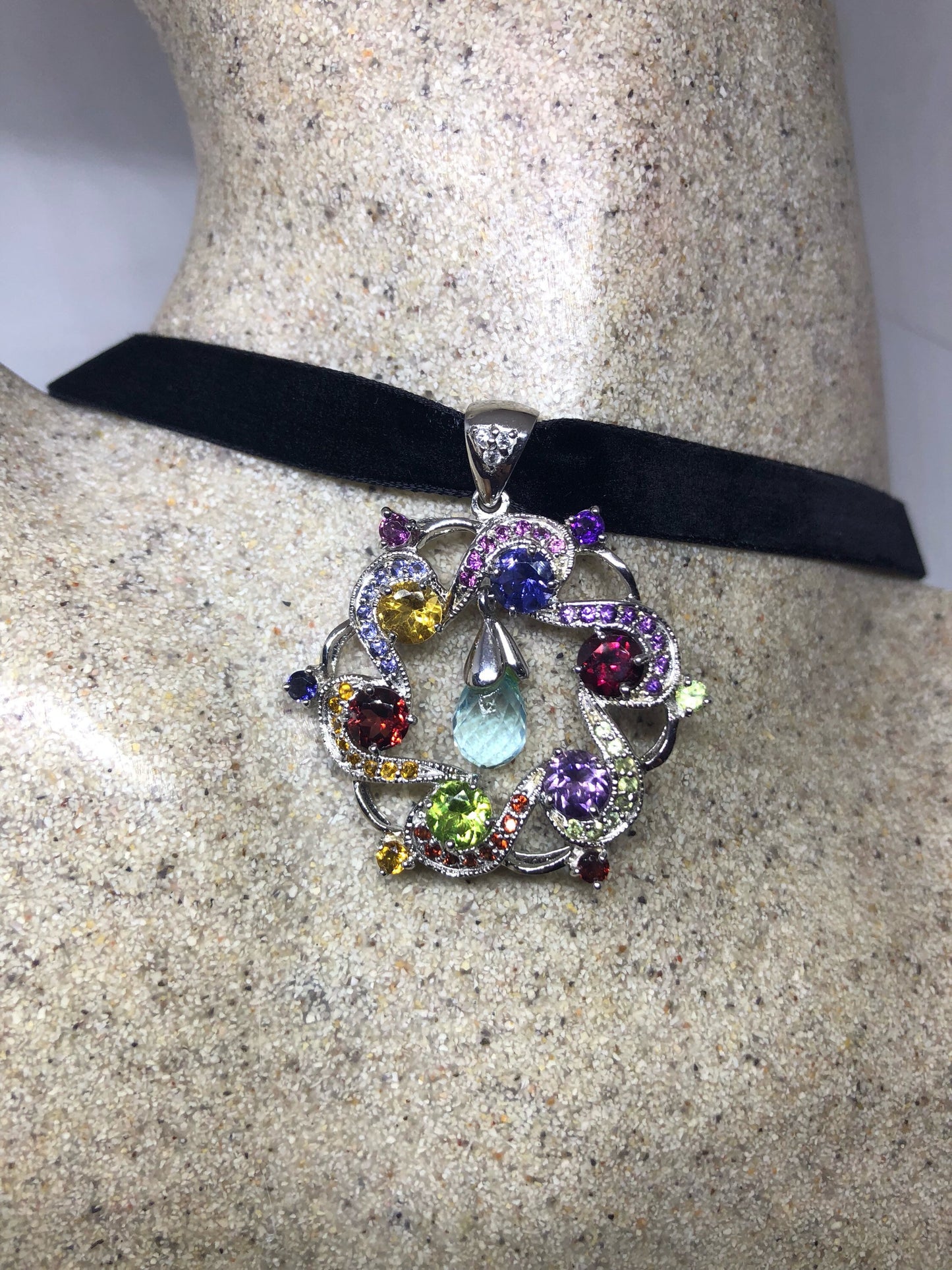 Vintage Handmade 925 Sterling Silver Genuine Mixed Colored Gemstone Antique Pendant Necklace