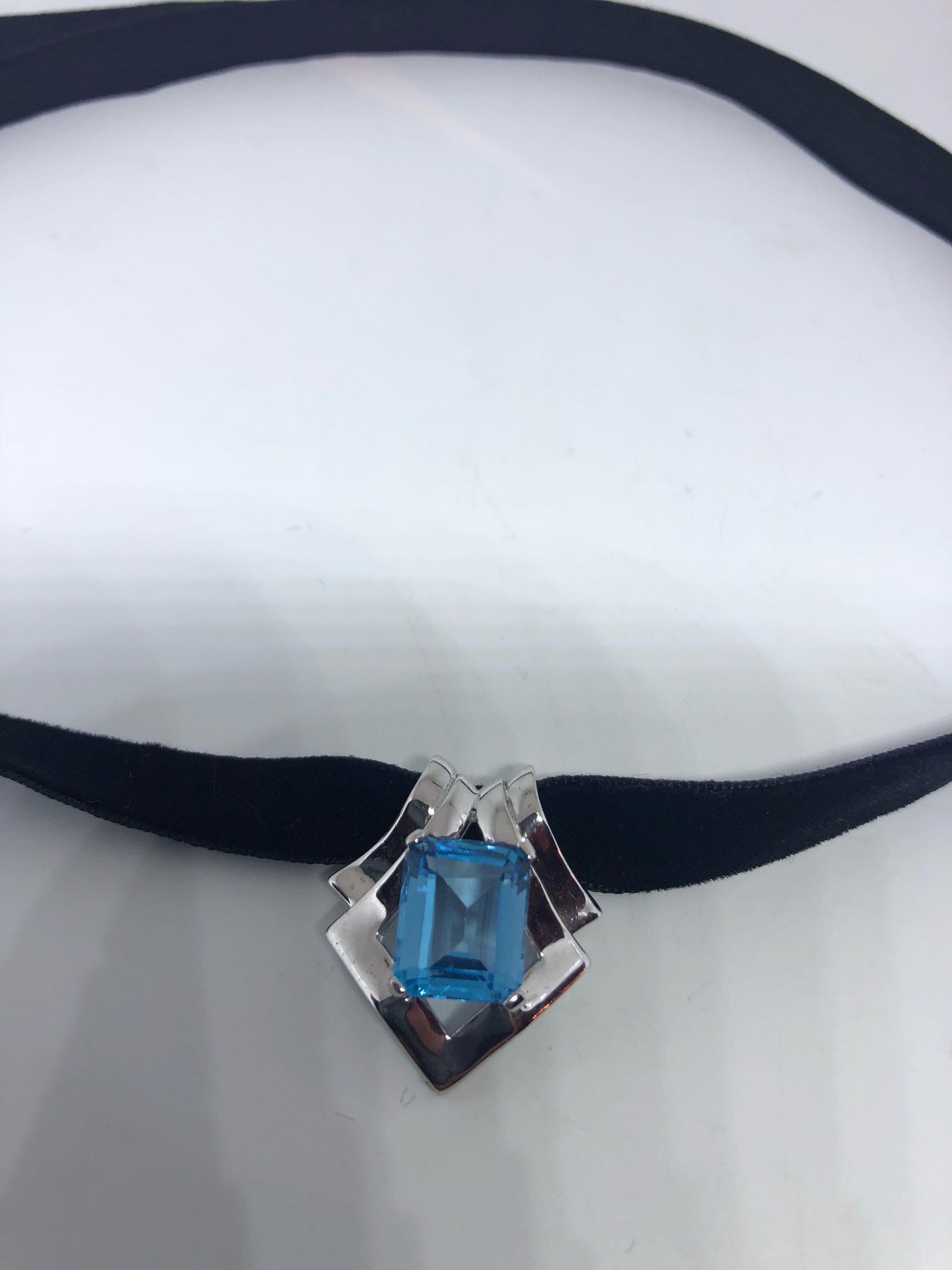 Vintage Blue Topaz Choker 925 Sterling Silver Necklace Pendant