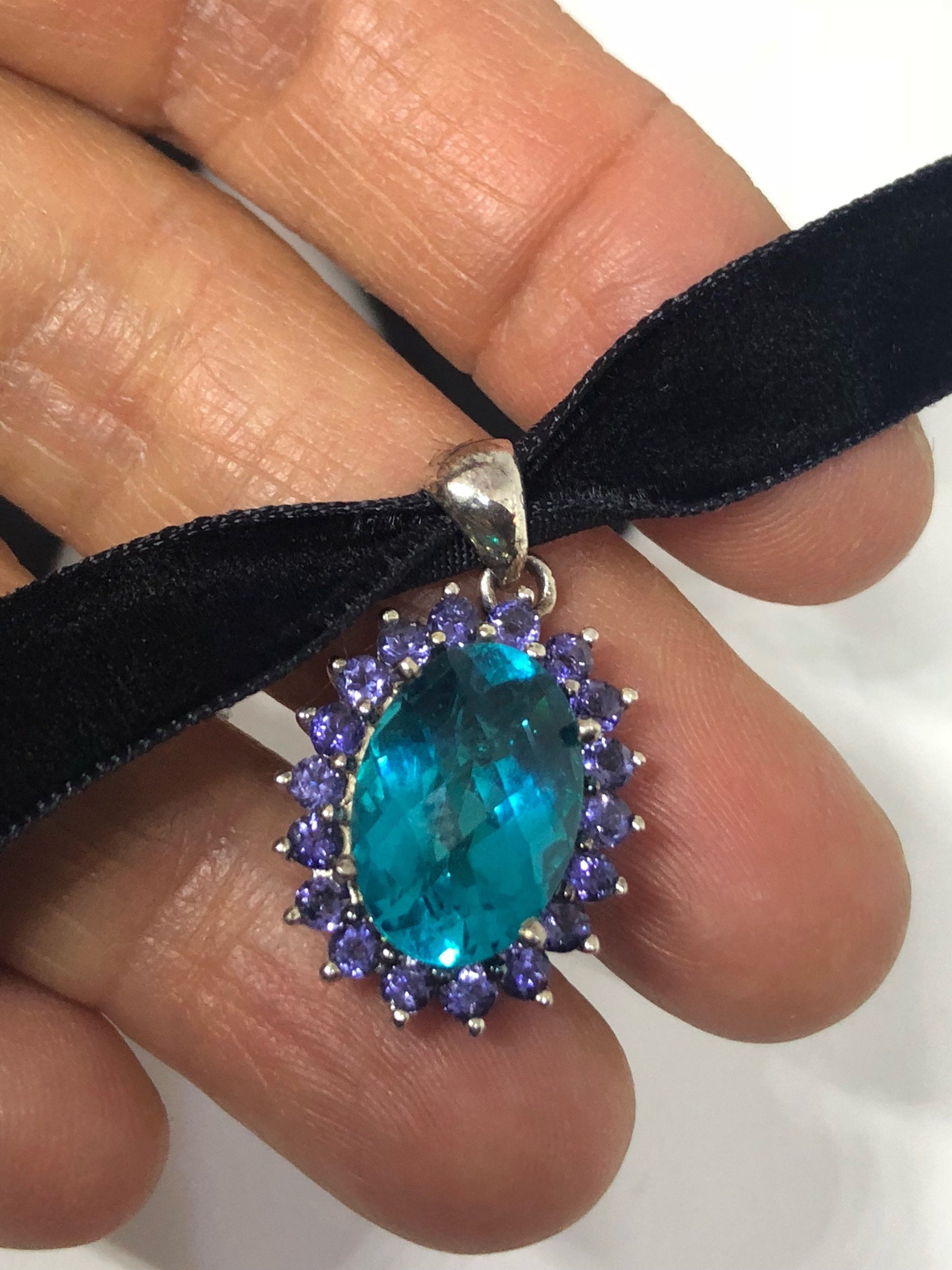 Vintage Genuine Deep Blue Topaz with Iolite 925 Sterling Silver Necklace Pendant