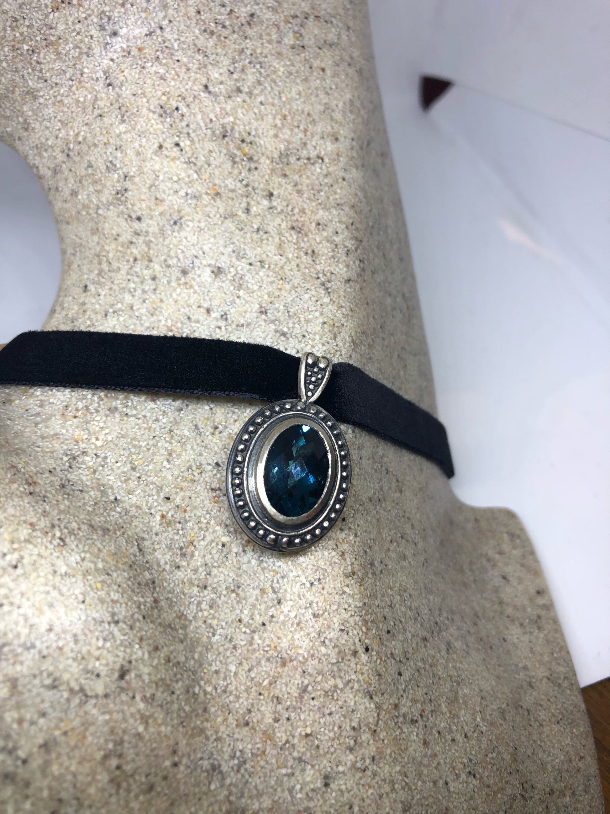 Vintage London Blue Topaz Choker 925 Sterling Silver Necklace Pendant