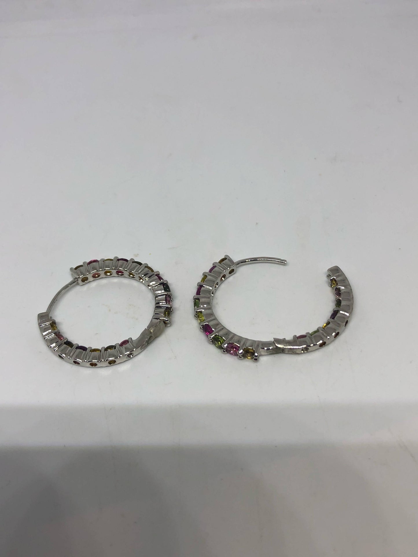 Vintage Genuine Watermelon Tourmaline Gemstone Filigree Sterling Silver Hoop Earrings