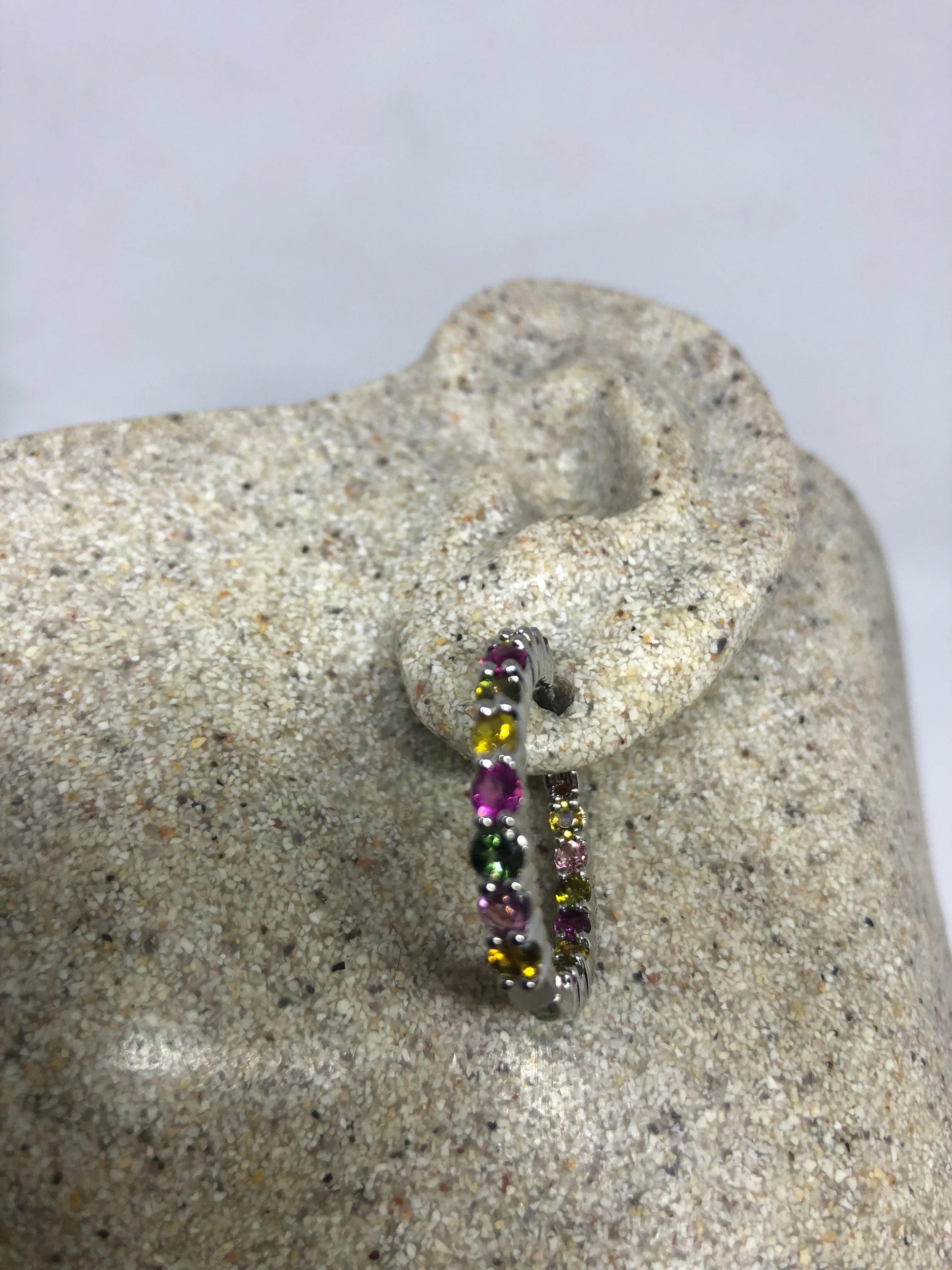 Vintage Genuine Watermelon Tourmaline Gemstone Filigree Sterling Silver Hoop Earrings