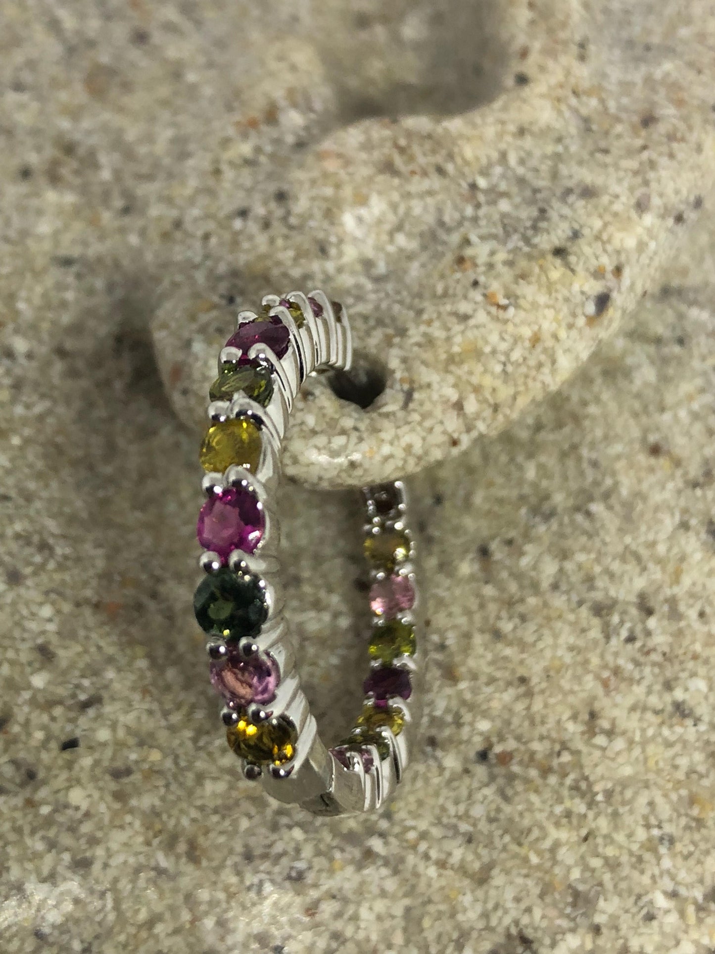 Vintage Genuine Watermelon Tourmaline Gemstone Filigree Sterling Silver Hoop Earrings