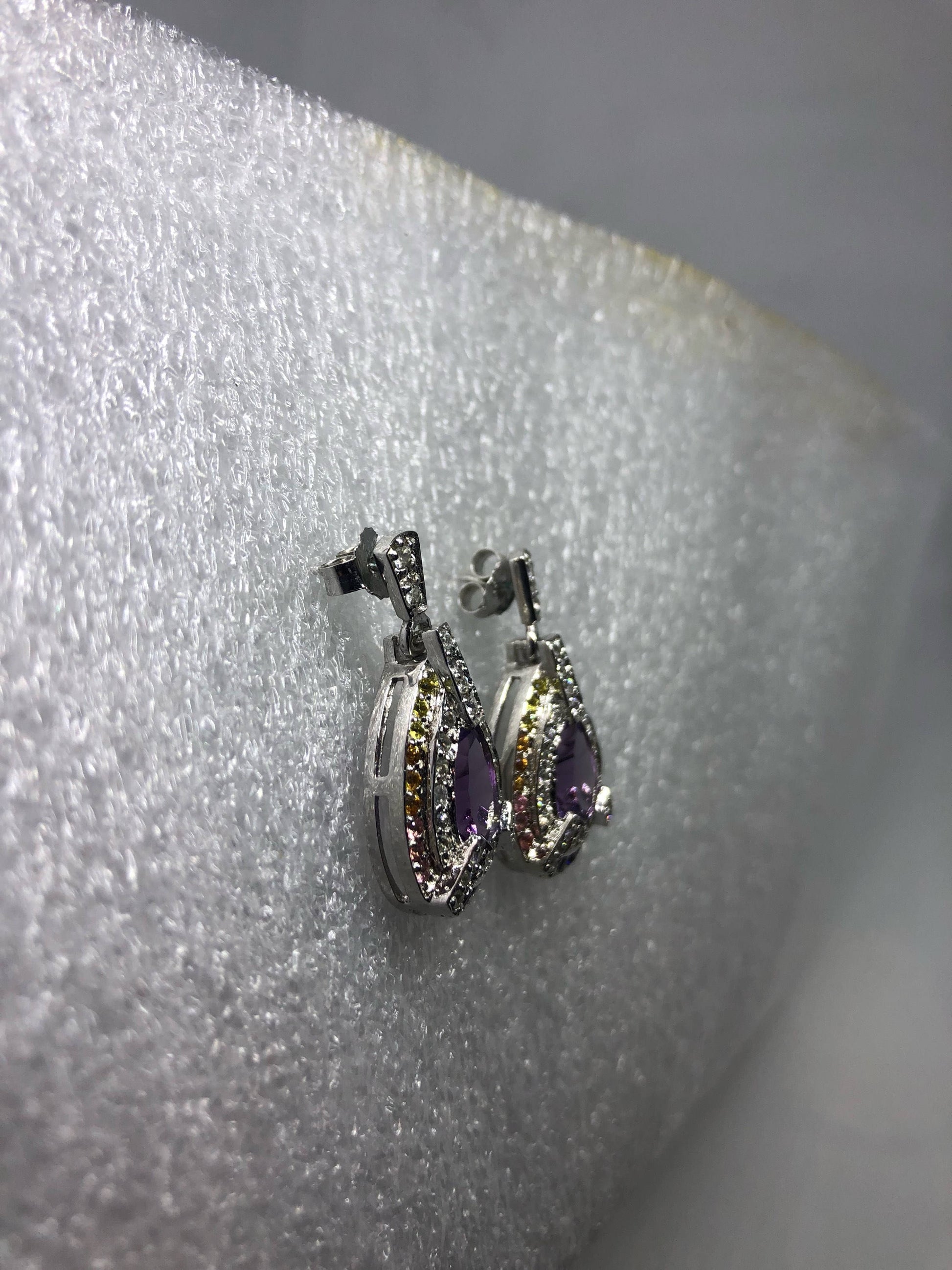 Vintage Handmade 925 Sterling Silver Purple Amethyst Deco Chandelier Earrings