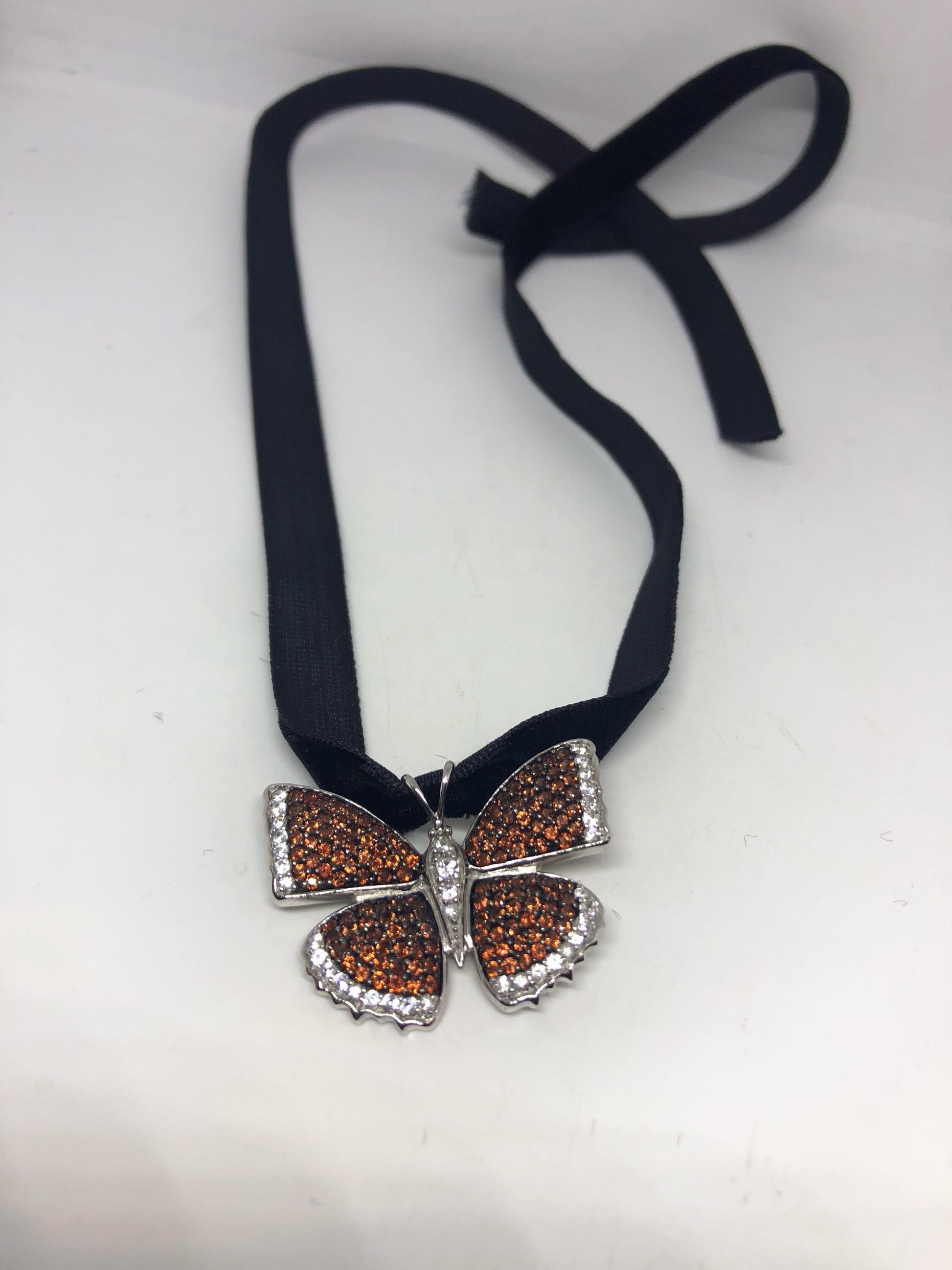 Handmade 925 Sterling Silver Vintage Genuine Orange Garnet Butterfly Choker