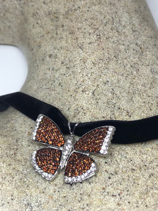 Handmade 925 Sterling Silver Vintage Genuine Orange Garnet Butterfly Choker