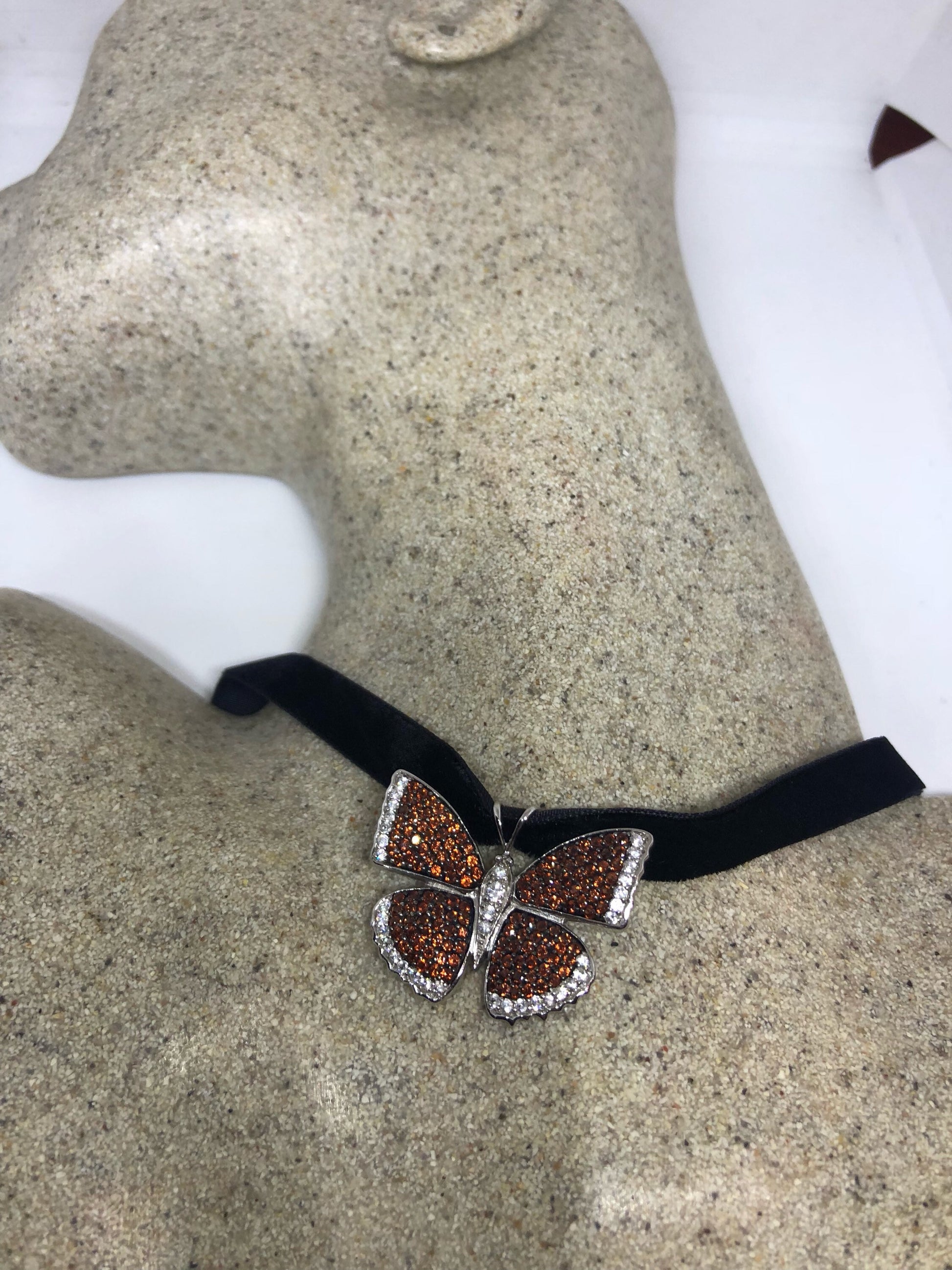 Handmade 925 Sterling Silver Vintage Genuine Orange Garnet Butterfly Choker