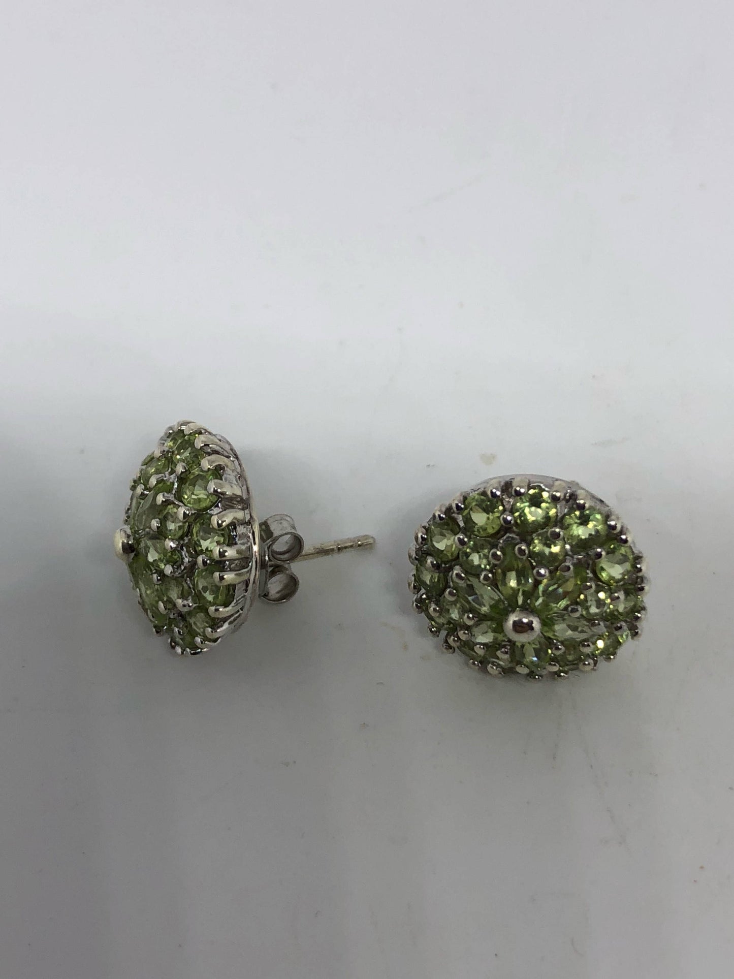 Vintage Handmade Sterling Silver Genuine Green Peridot Stud button Earrings