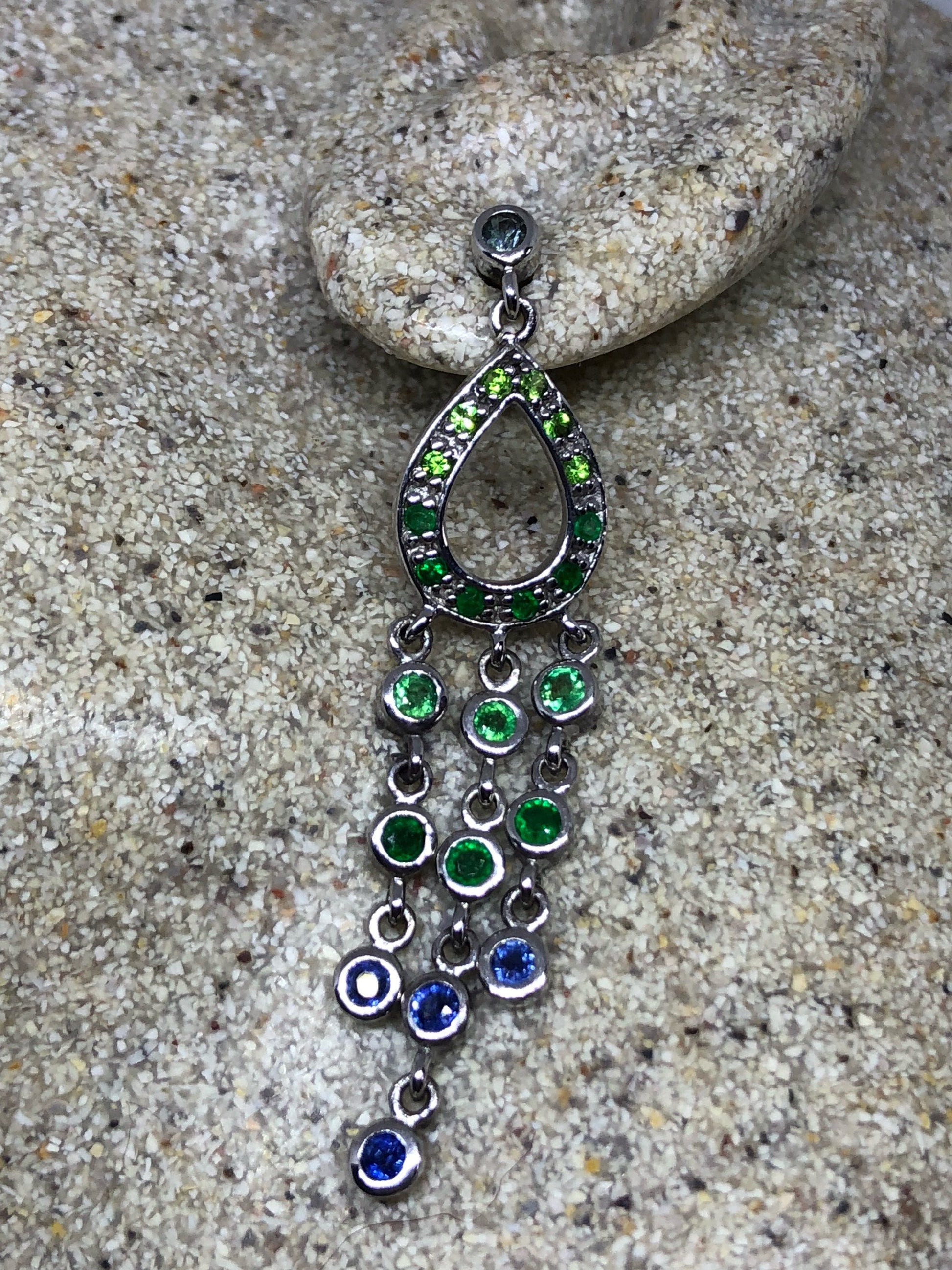 Vintage Handmade 925 Sterling Silver Chrome Diopside Blue Sapphire Chandelier Earrings