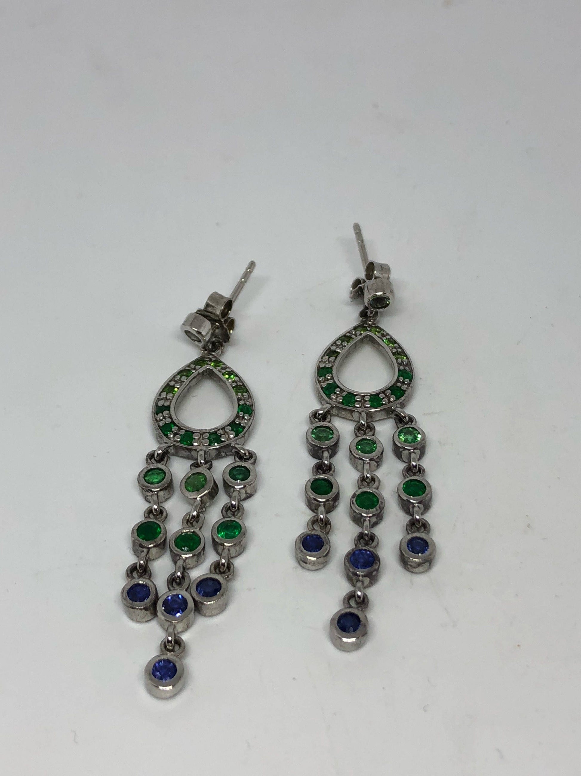 Vintage Handmade 925 Sterling Silver Chrome Diopside Blue Sapphire Chandelier Earrings