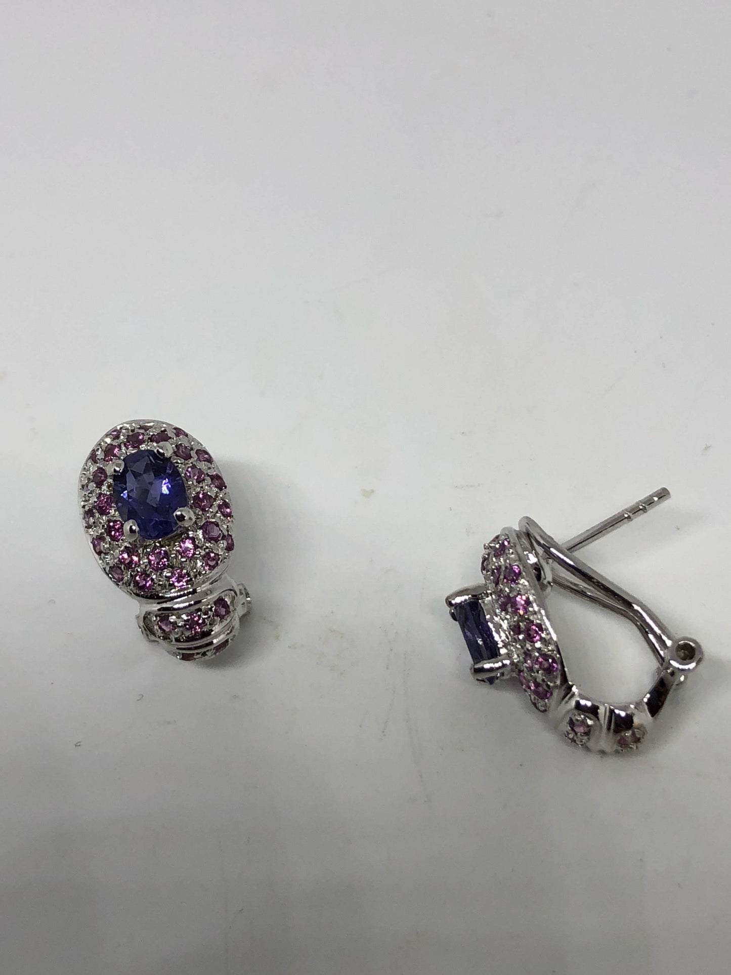 Vintage Handmade Sterling Silver Genuine Deep Blue Iolite and Pink tourmaline Stud button Earrings