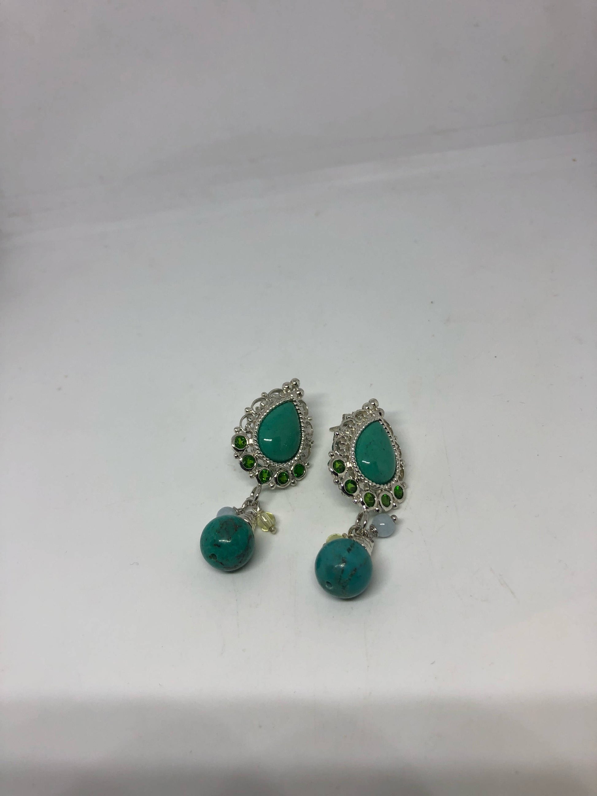 Vintage Handmade 925 Sterling Silver Turquoise with Chrome Diopside Earrings