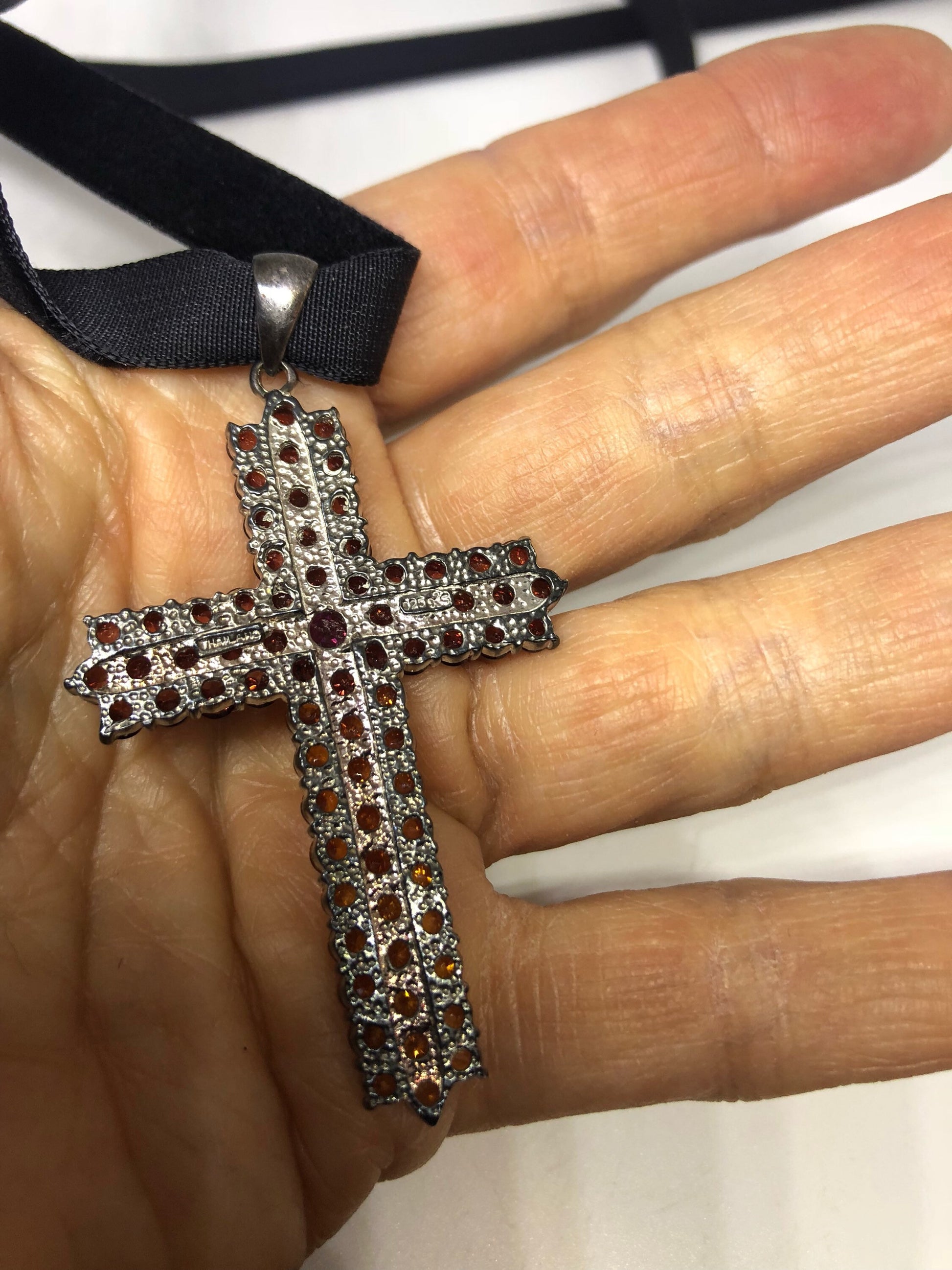 Vintage Handmade 925 Sterling Silver White Gold Finish Genuine Garnet Citrine Cross Antique Pendant Necklace