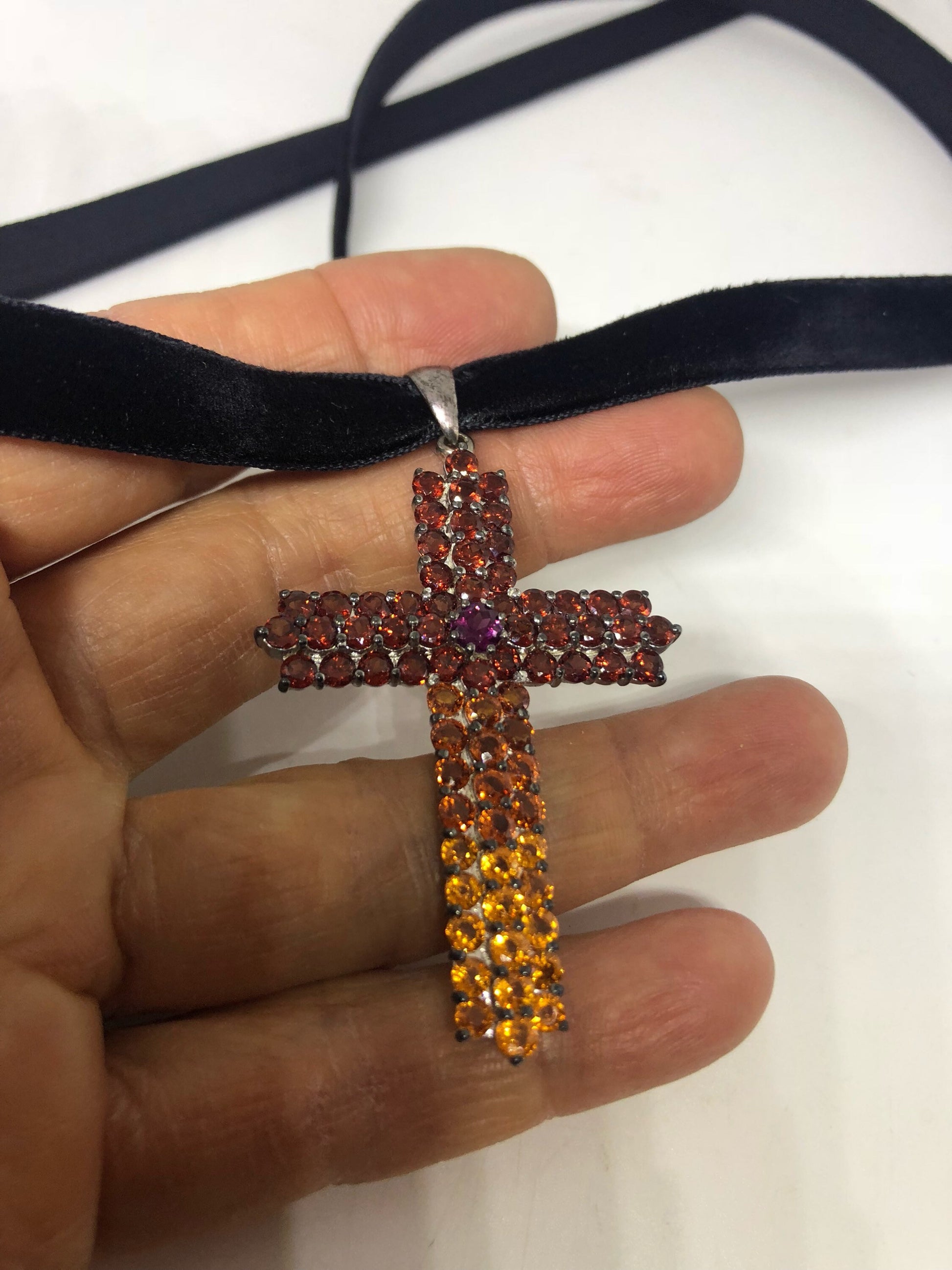 Vintage Handmade 925 Sterling Silver White Gold Finish Genuine Garnet Citrine Cross Antique Pendant Necklace