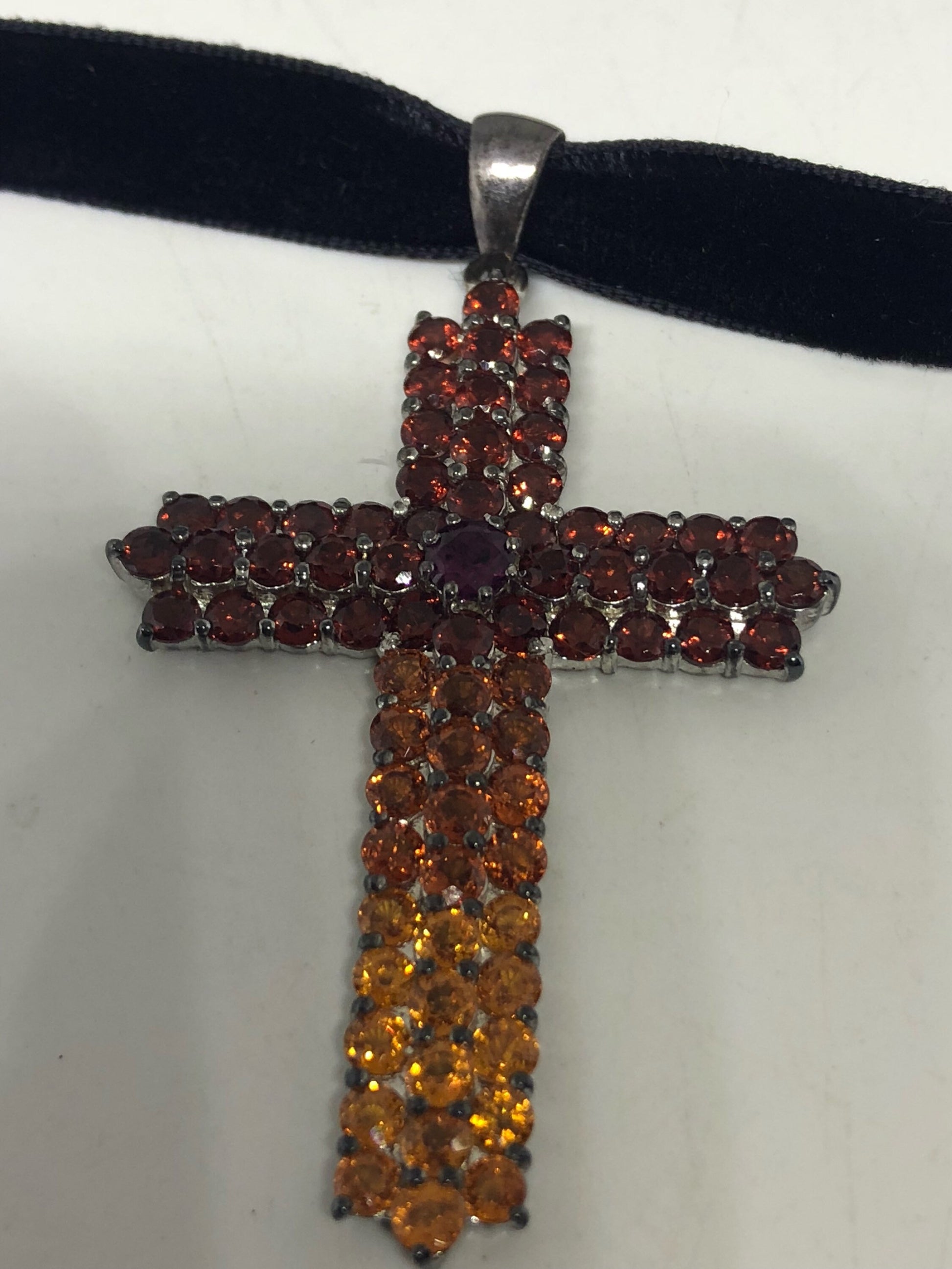 Vintage Handmade 925 Sterling Silver White Gold Finish Genuine Garnet Citrine Cross Antique Pendant Necklace