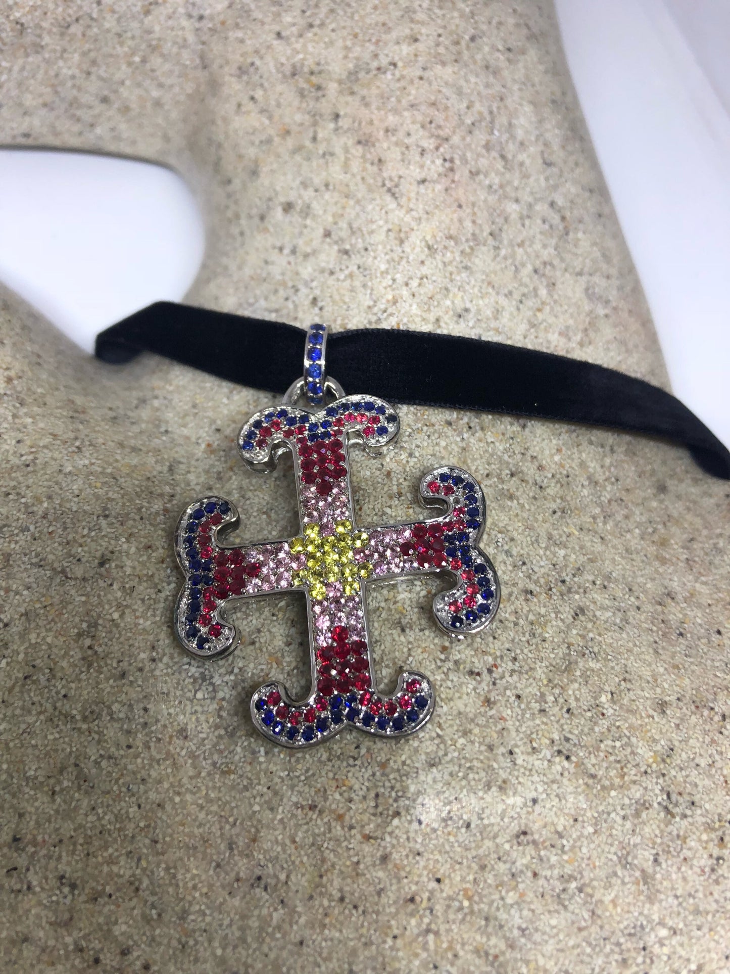 Vintage Handmade 925 Sterling Silver White Gold Finish Genuine Garnet Citrine Cross Antique Pendant Necklace