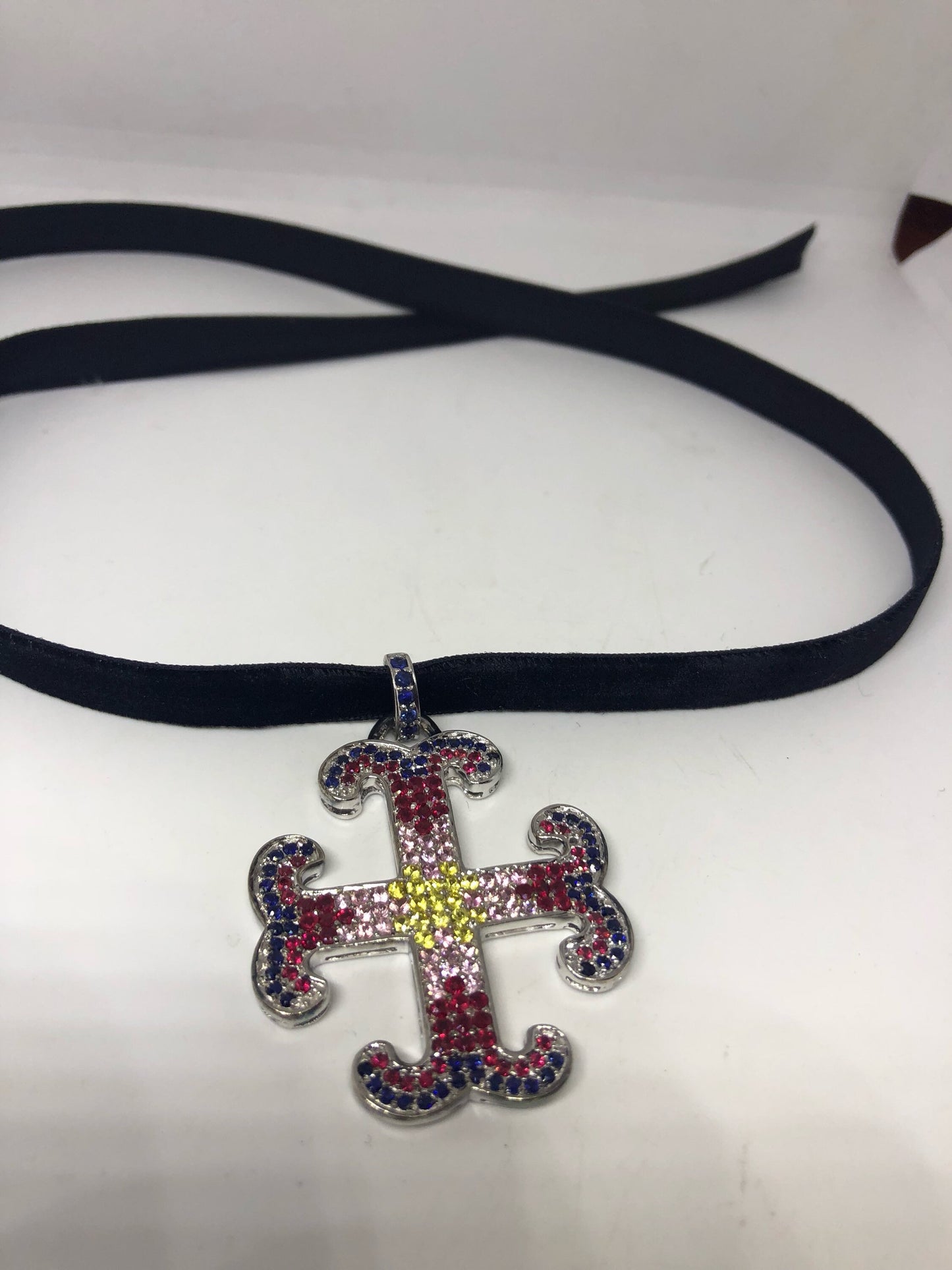 Vintage Handmade 925 Sterling Silver White Gold Finish Genuine Garnet Citrine Cross Antique Pendant Necklace