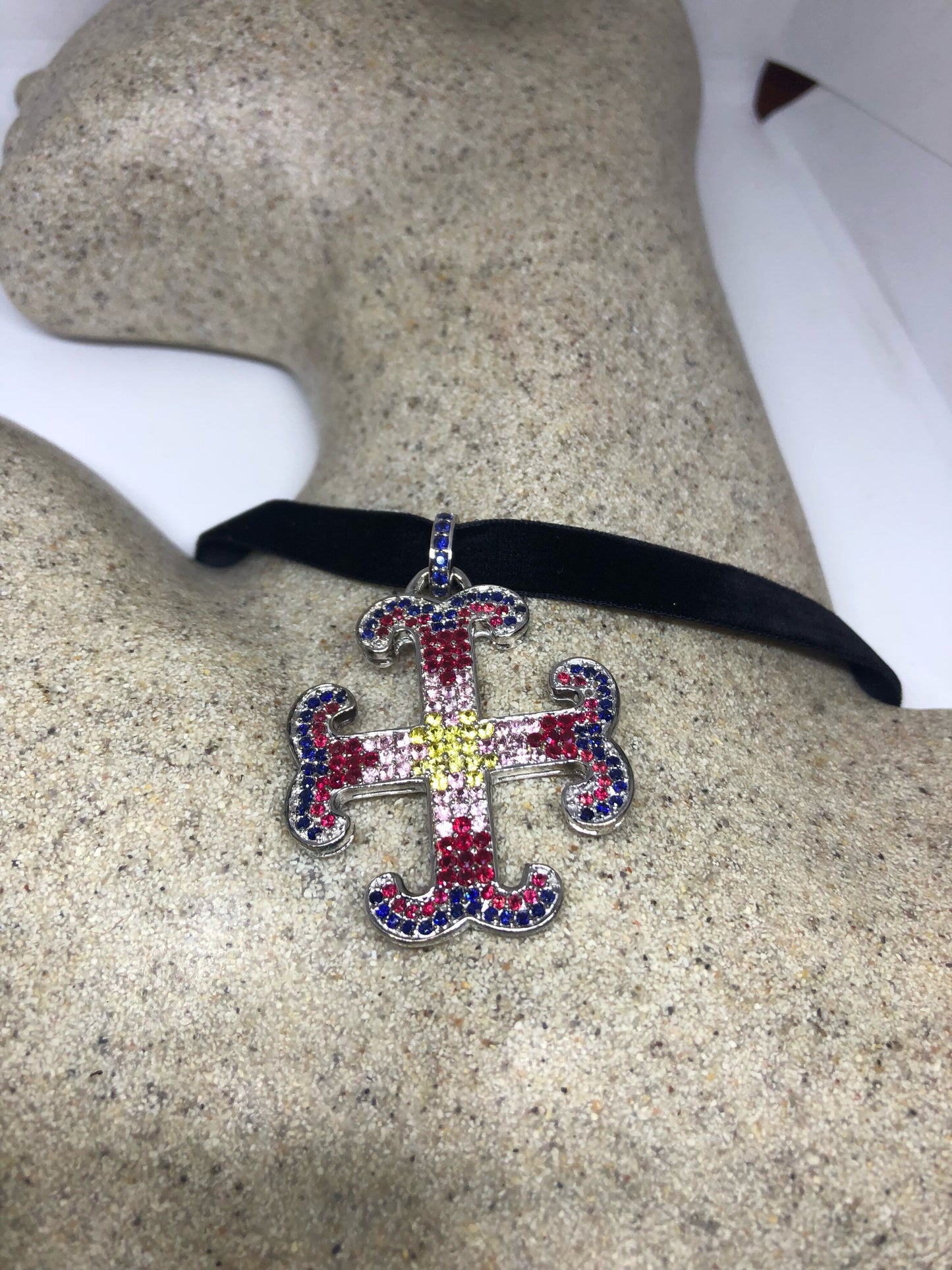 Vintage Handmade 925 Sterling Silver White Gold Finish Genuine Garnet Citrine Cross Antique Pendant Necklace