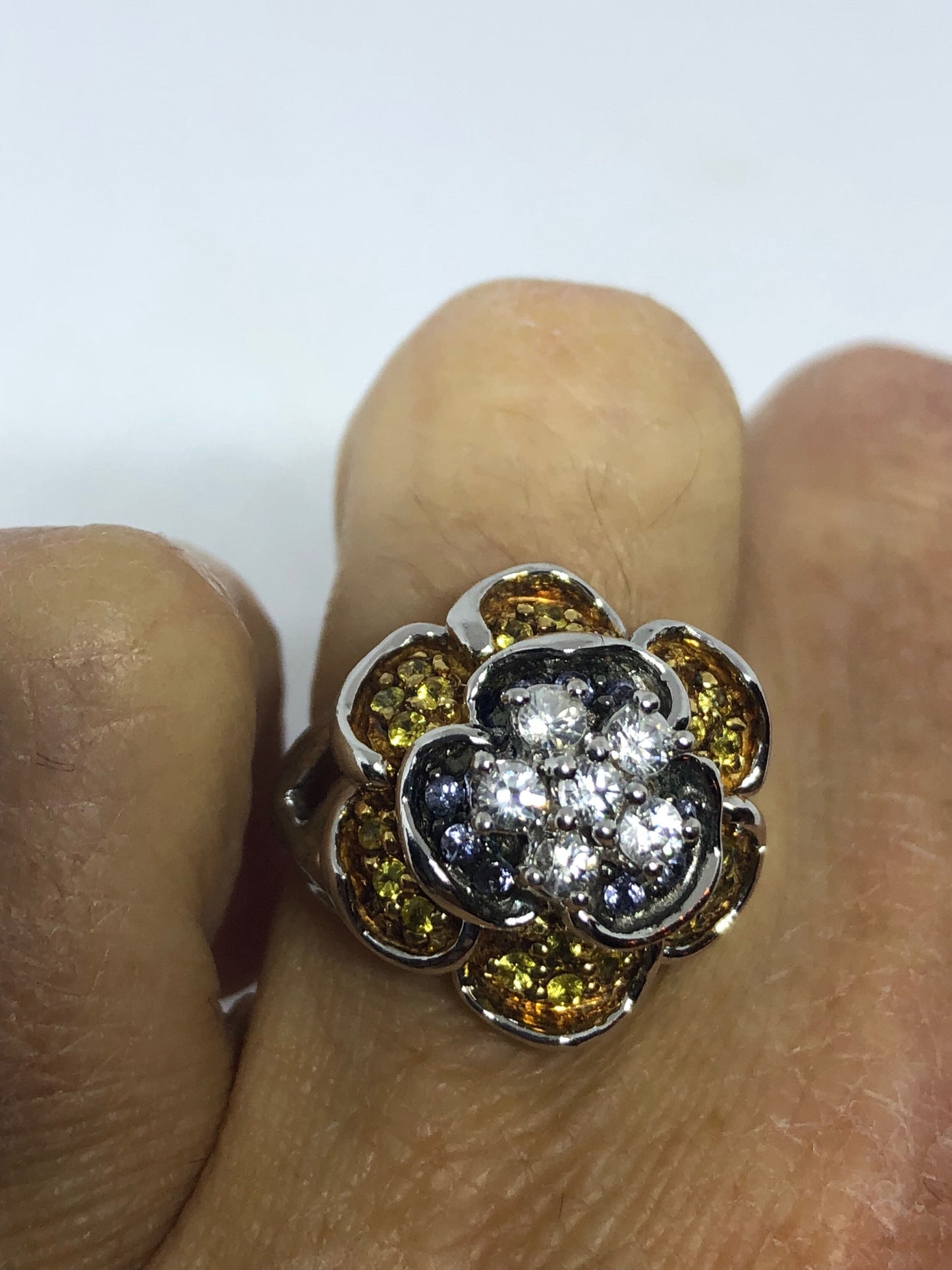 Vintage Handmade White Sapphire and Citrine Rose 925 Sterling Silver Gothic Ring