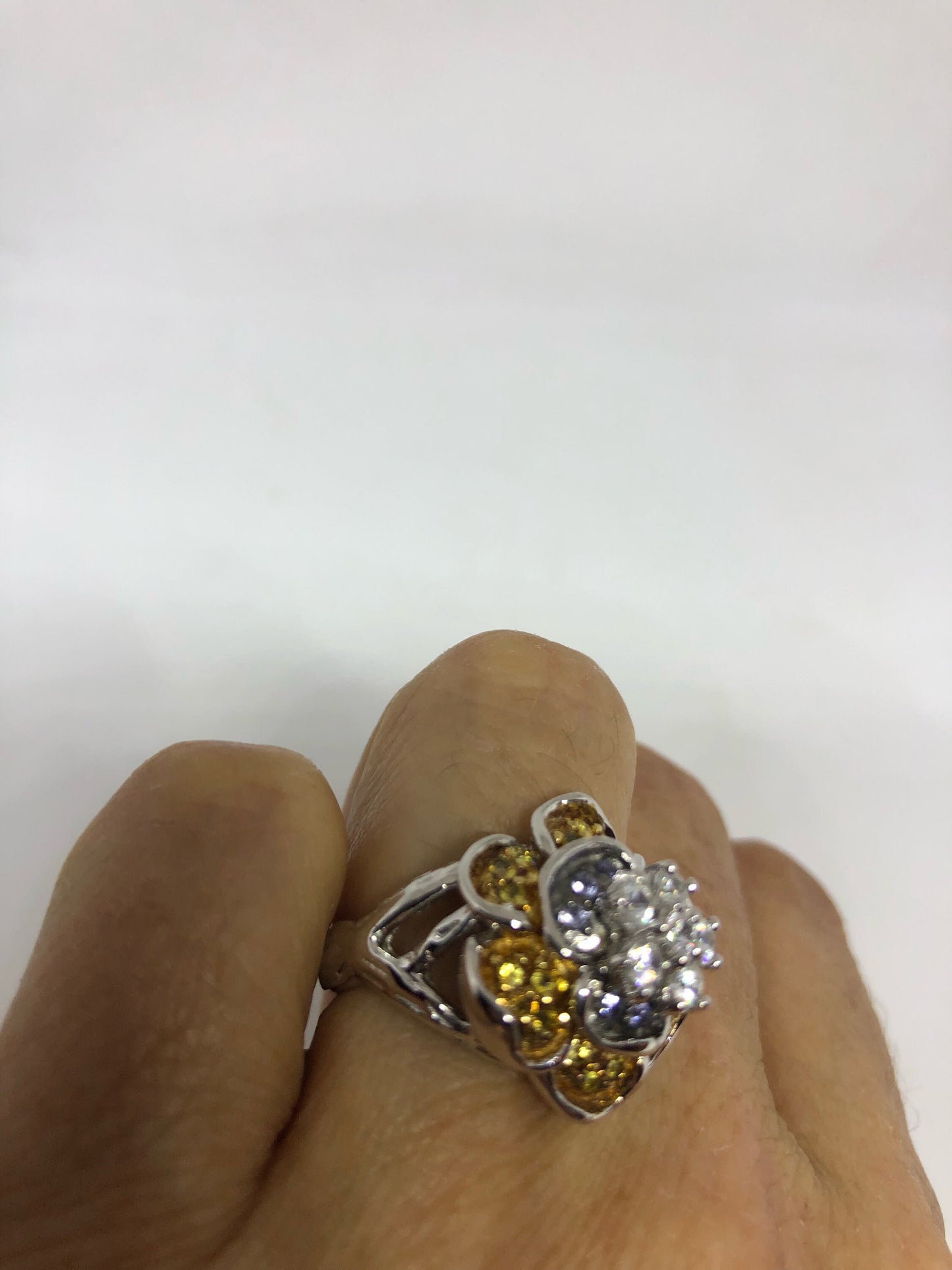 Vintage Handmade White Sapphire and Citrine Rose 925 Sterling Silver Gothic Ring