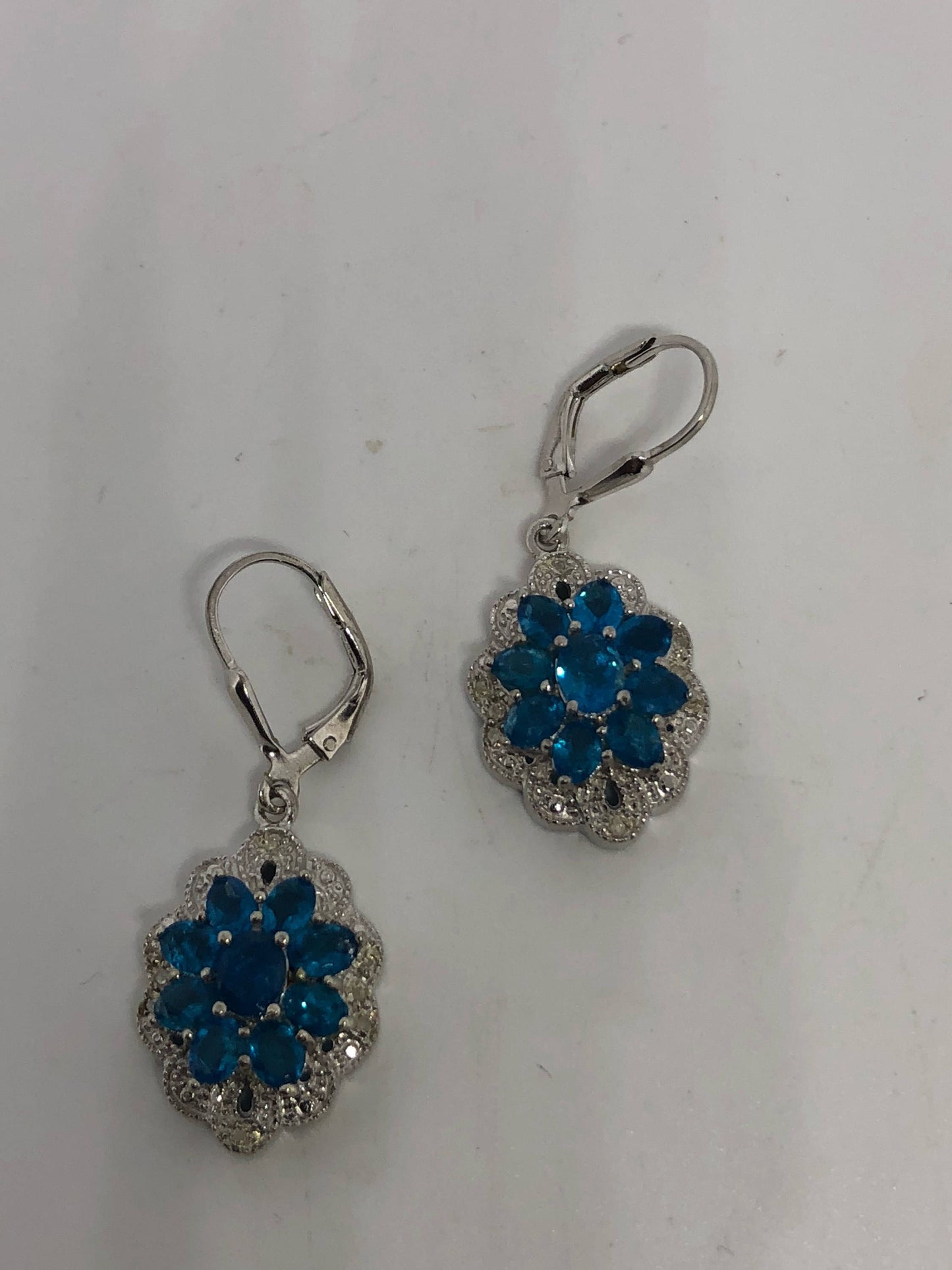 Vintage Mixed Genuine Blue Topaz Gemstone Filigree 925 Sterling Silver Earrings