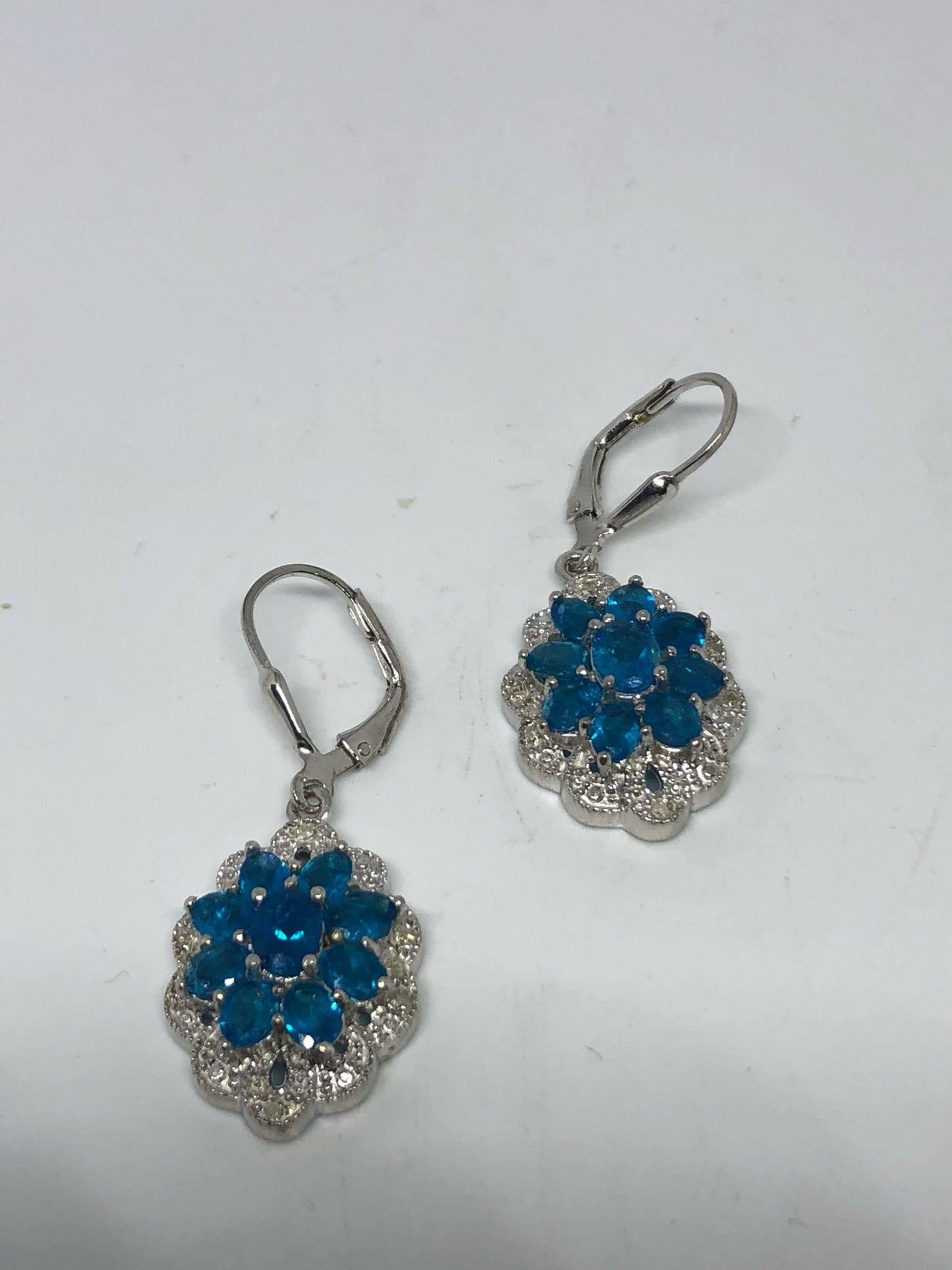 Vintage Mixed Genuine Blue Topaz Gemstone Filigree 925 Sterling Silver Earrings