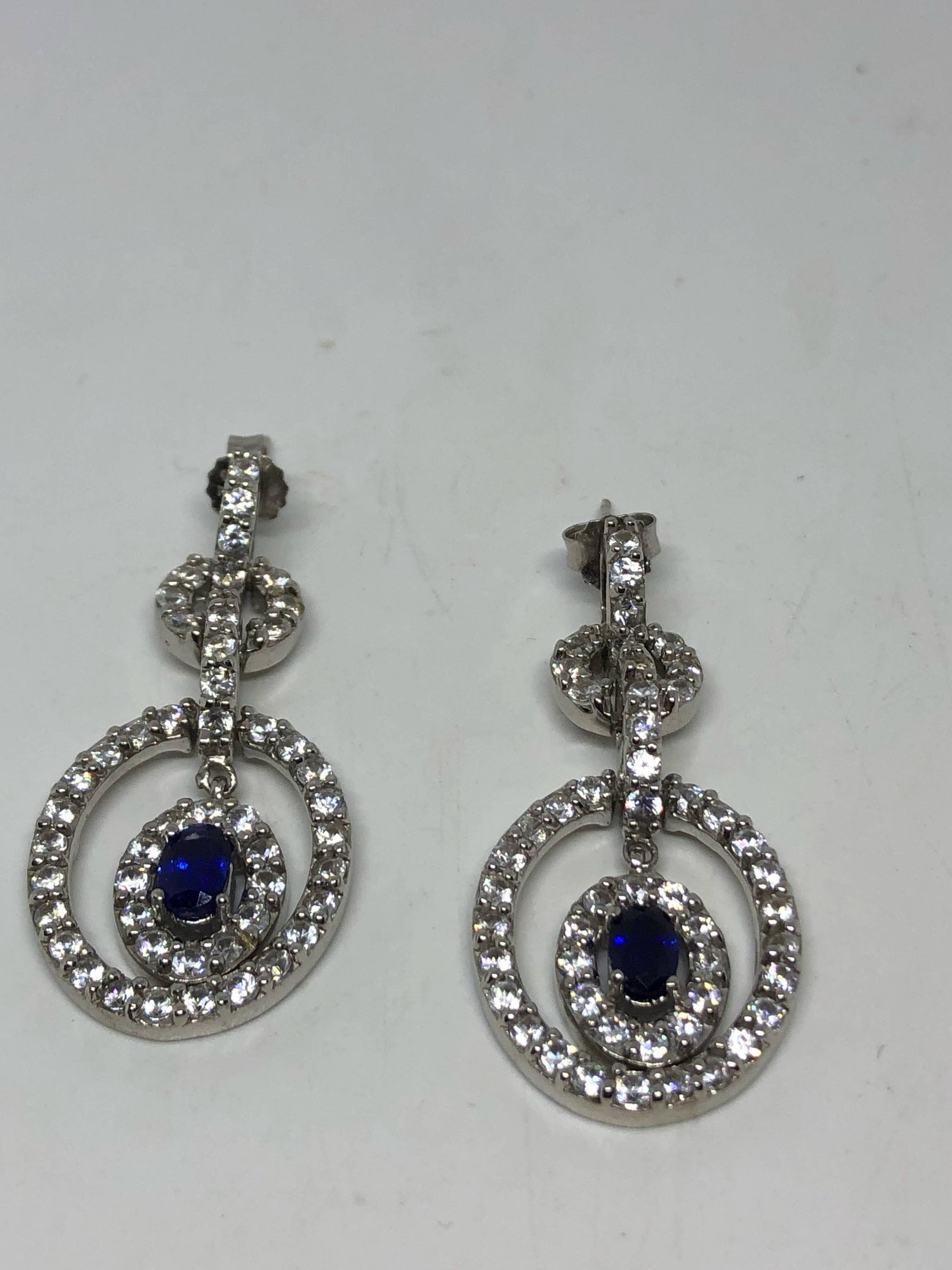 Vintage Mixed Genuine Blue and White Sapphire Gemstone Filigree 925 Sterling Silver Chandelier Earrings